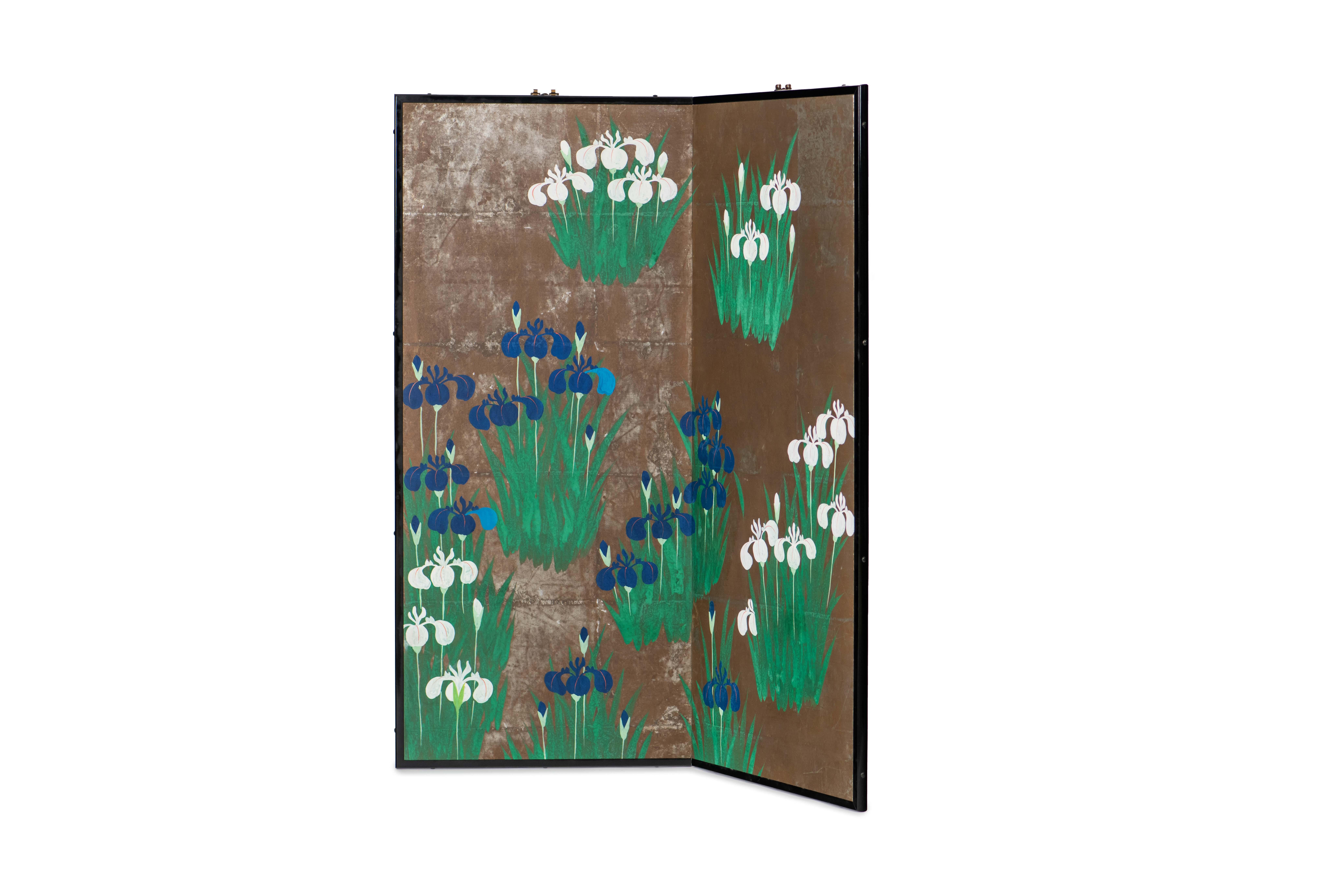 Chinese Hand Painted Japanese Folding Screen Byobu of Irises For Sale