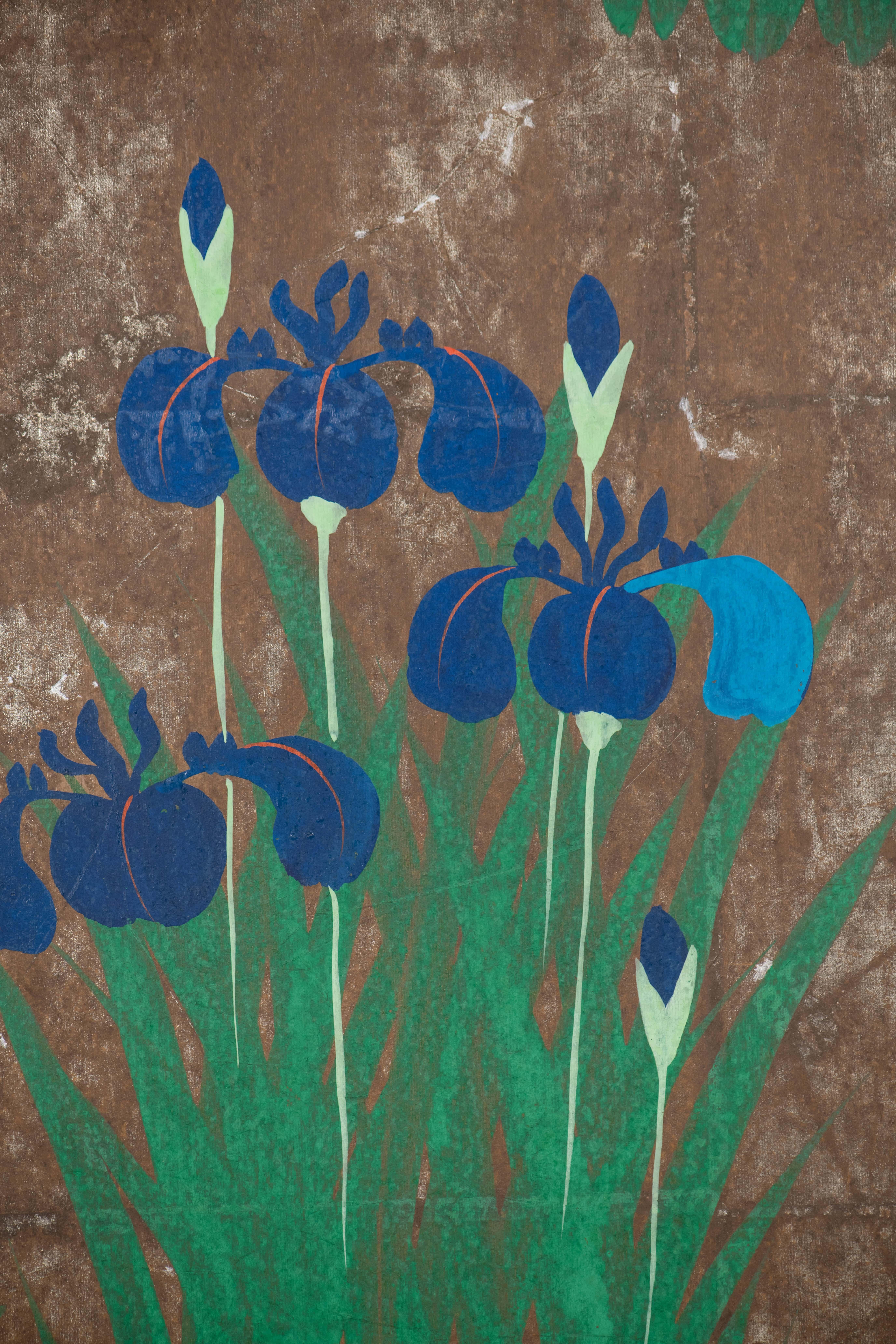 Hand-Painted Hand Painted Japanese Folding Screen Byobu of Irises For Sale