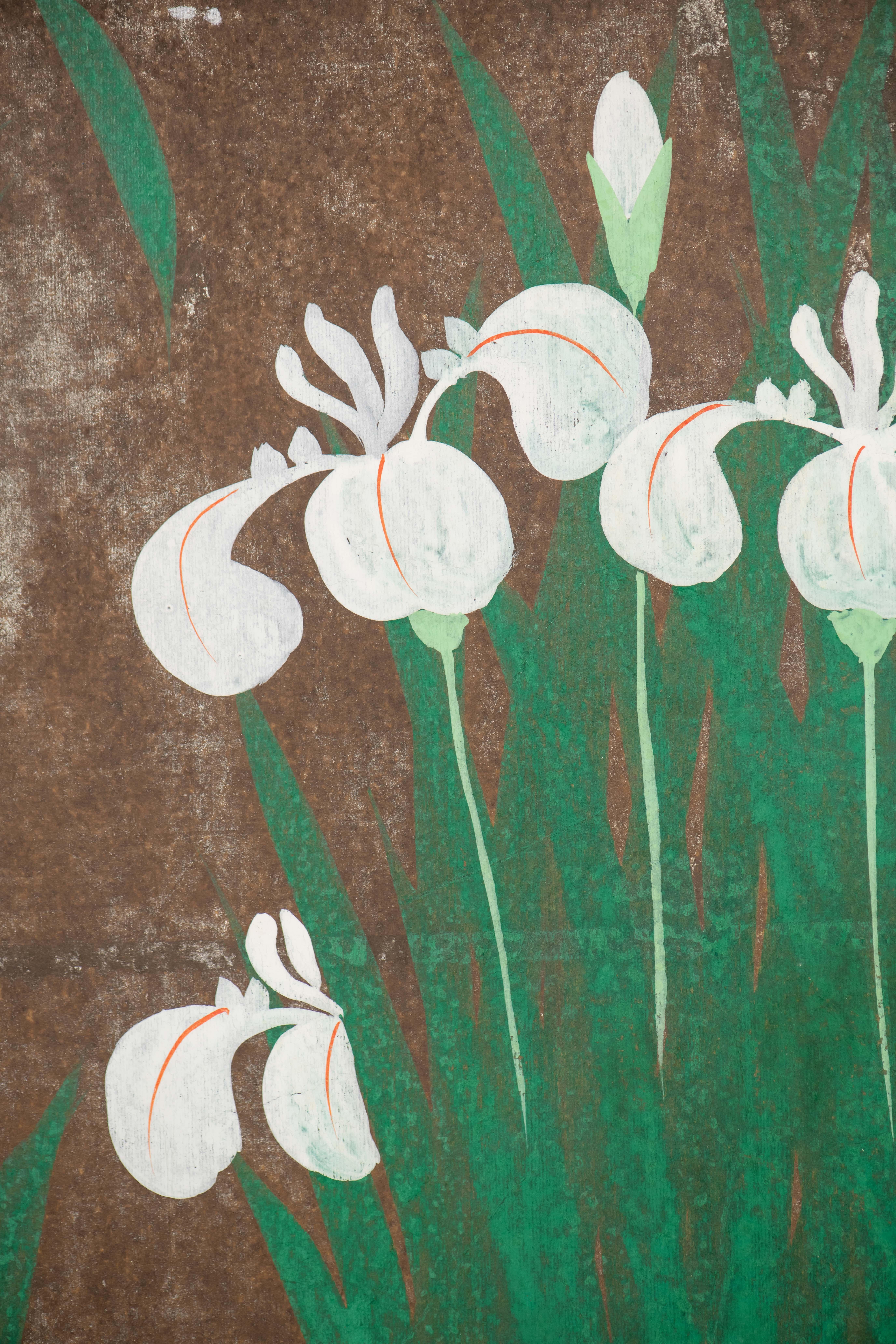 Contemporary Hand Painted Japanese Folding Screen Byobu of Irises For Sale