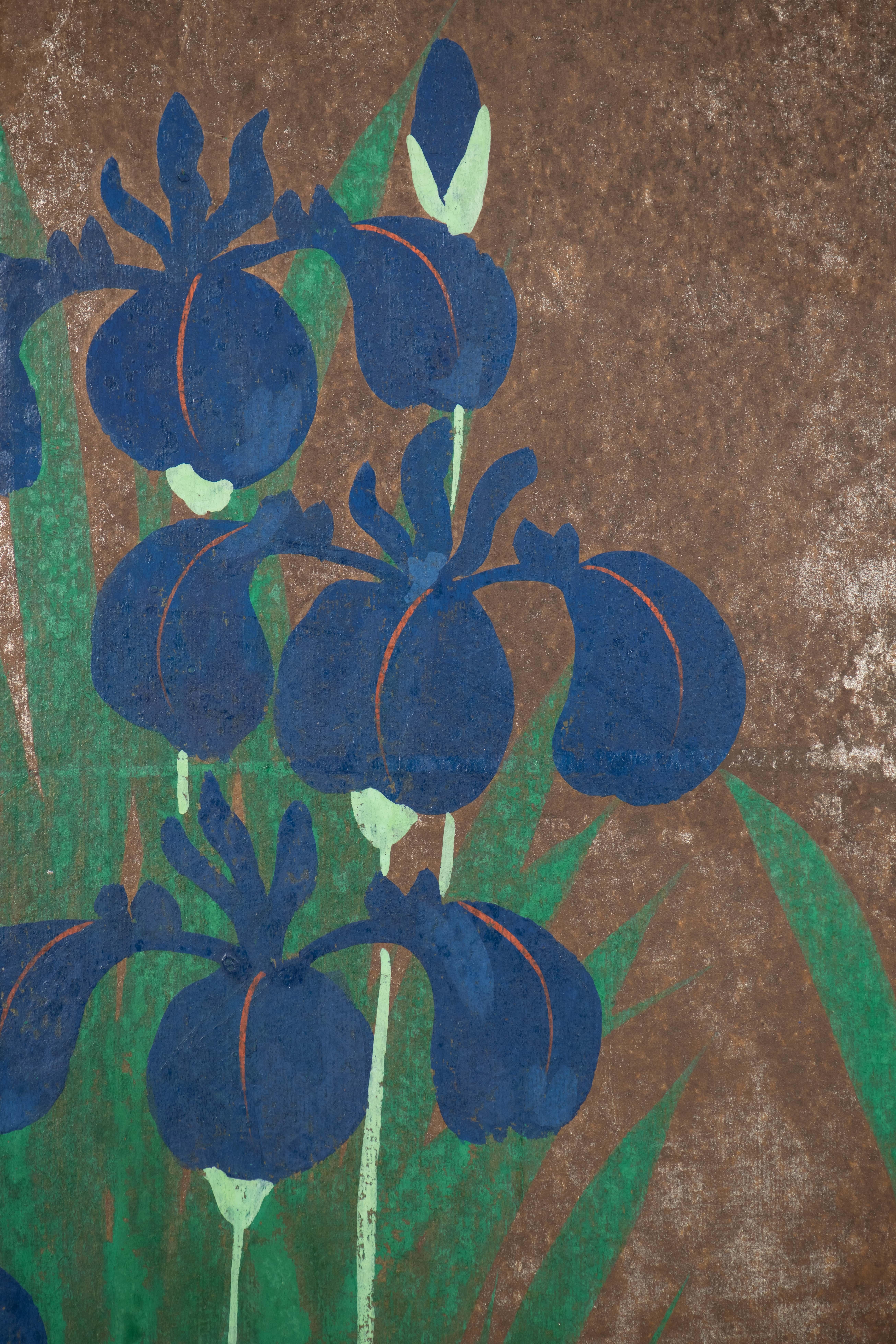 Feuille d'argent Paravent japonais peint à la main Byobu d'Irises en vente