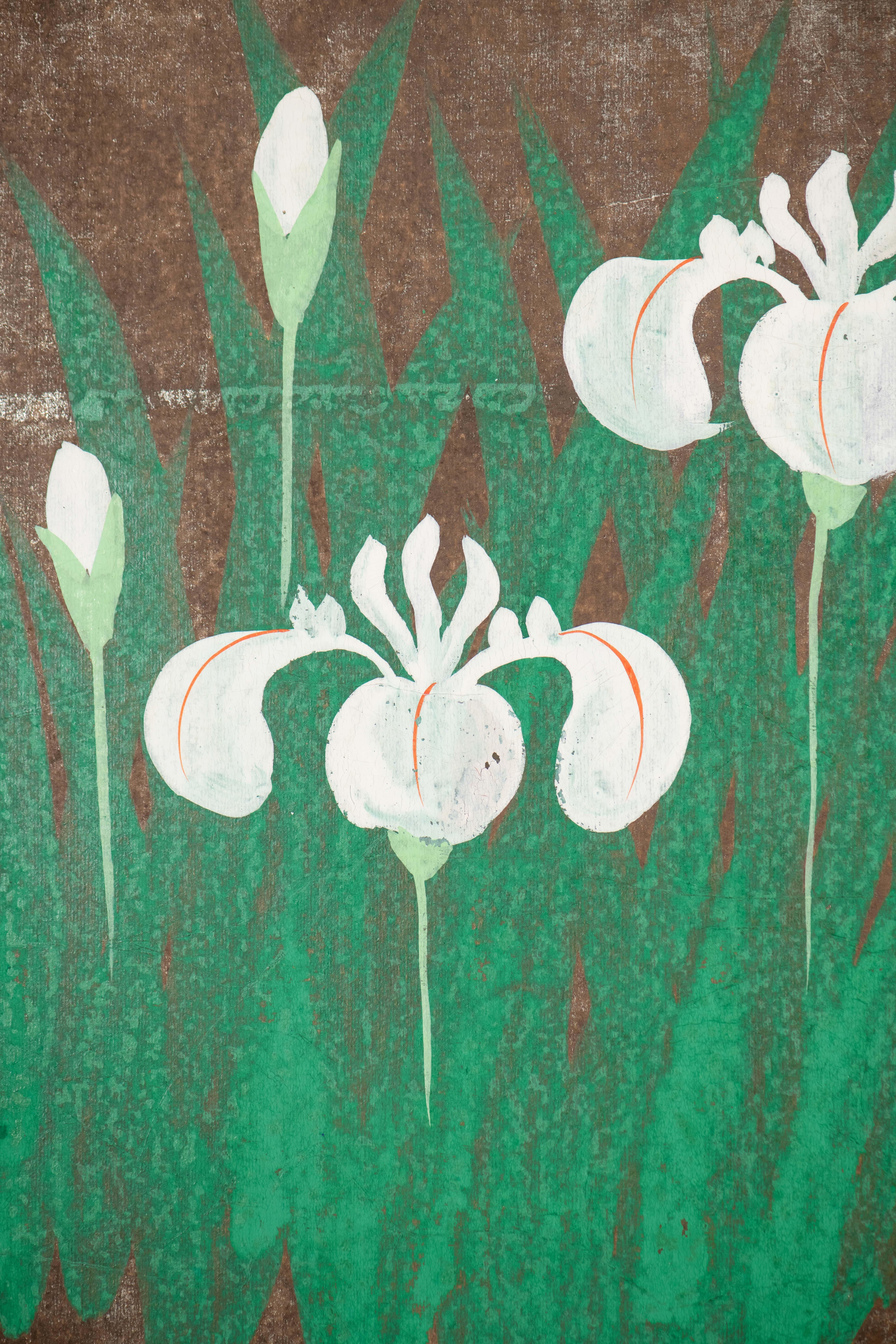 Hand Painted Japanese Folding Screen Byobu of Irises For Sale 1