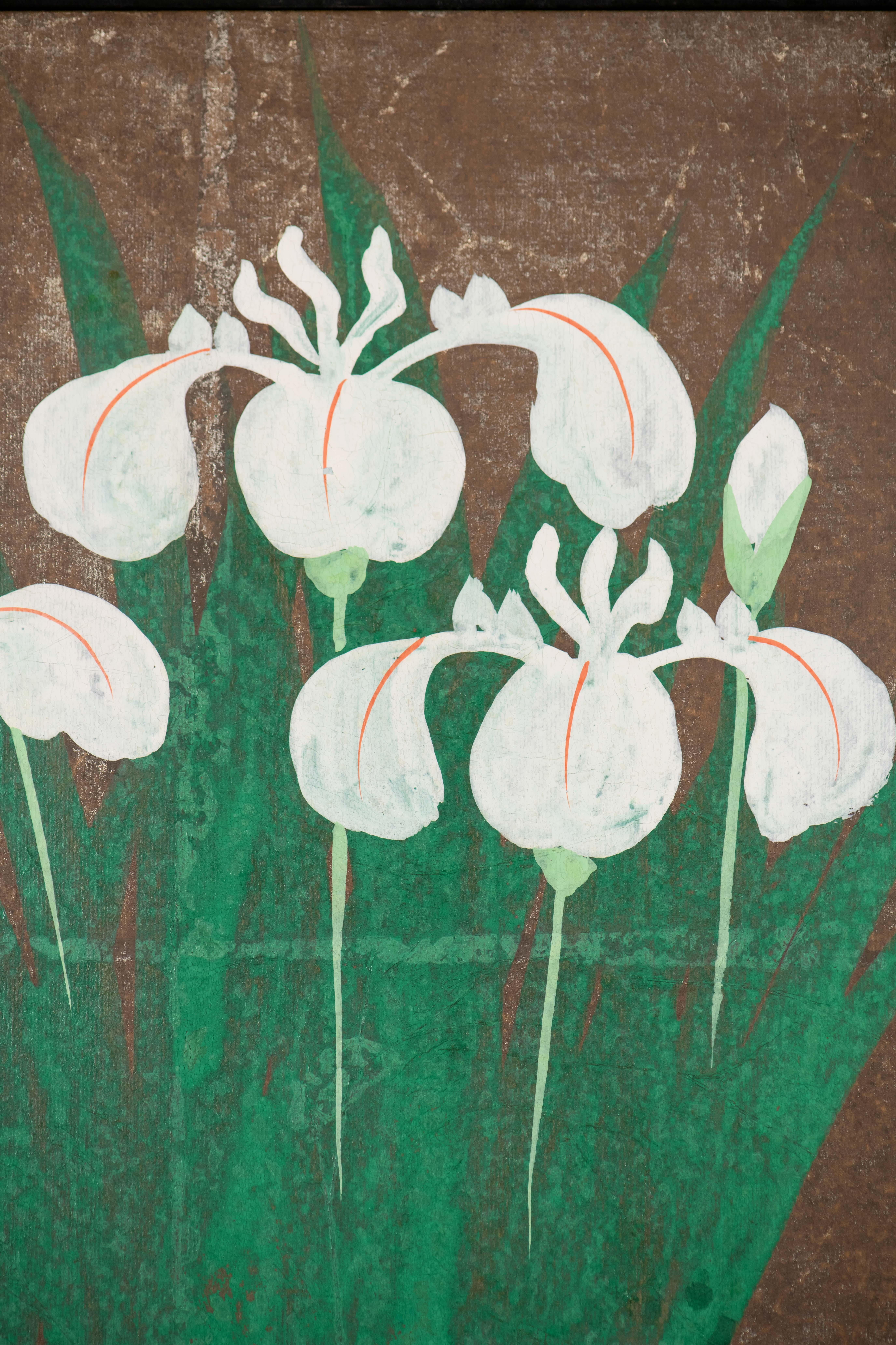 Hand Painted Japanese Folding Screen Byobu of Irises For Sale 2