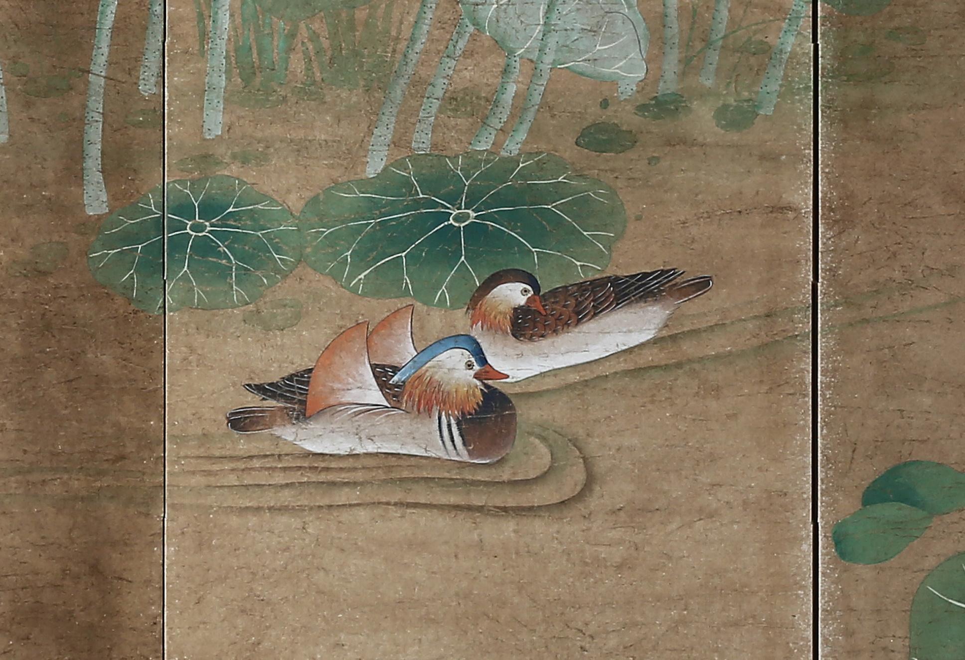 Chinese Hand Painted Japanese Folding Screen Byobu of Lotus Pond and Mandarin Ducks