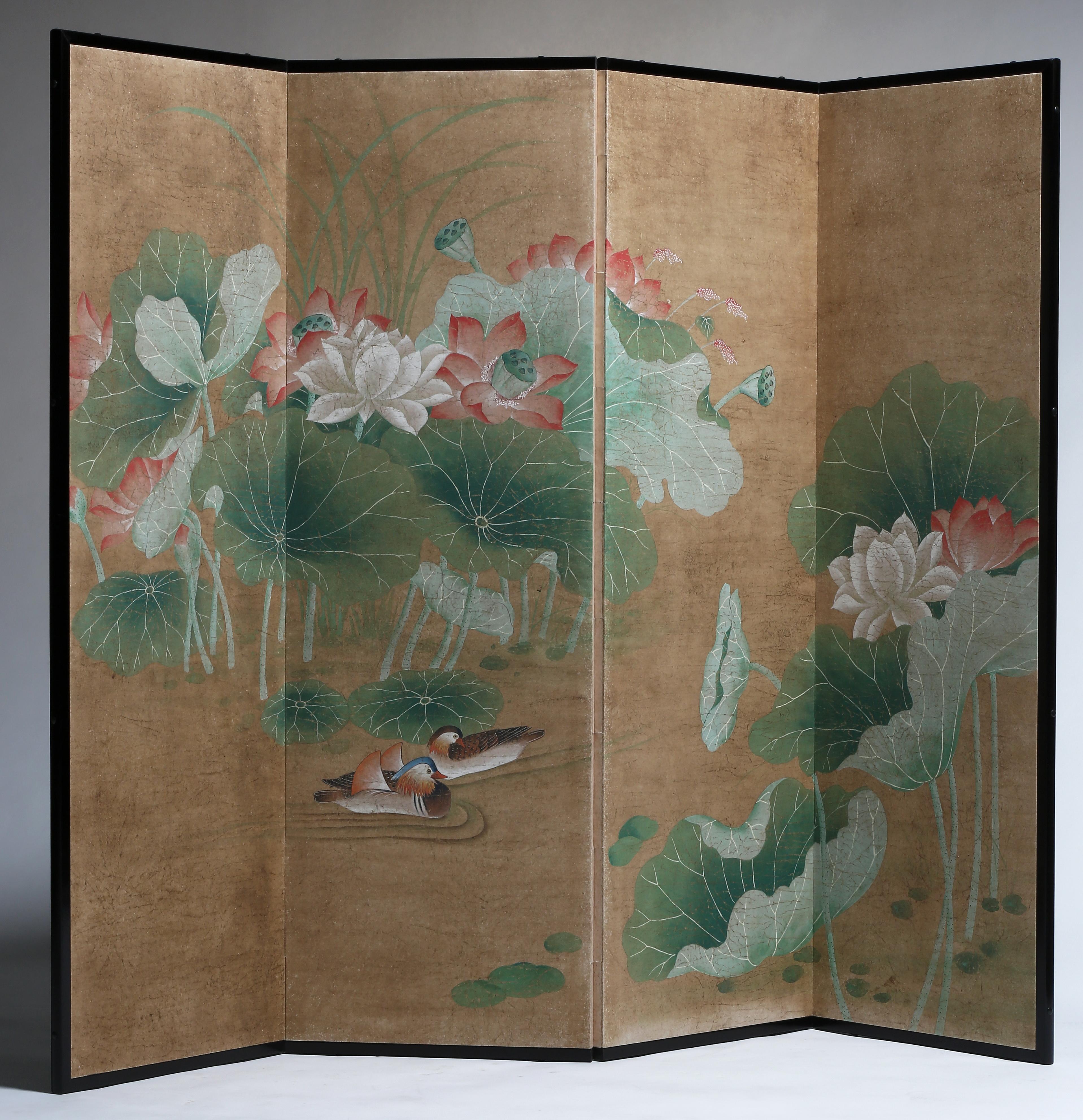 Asian Hand Painted Japanese Folding Screen Byobu of Lotus Pond and Mandarin Ducks