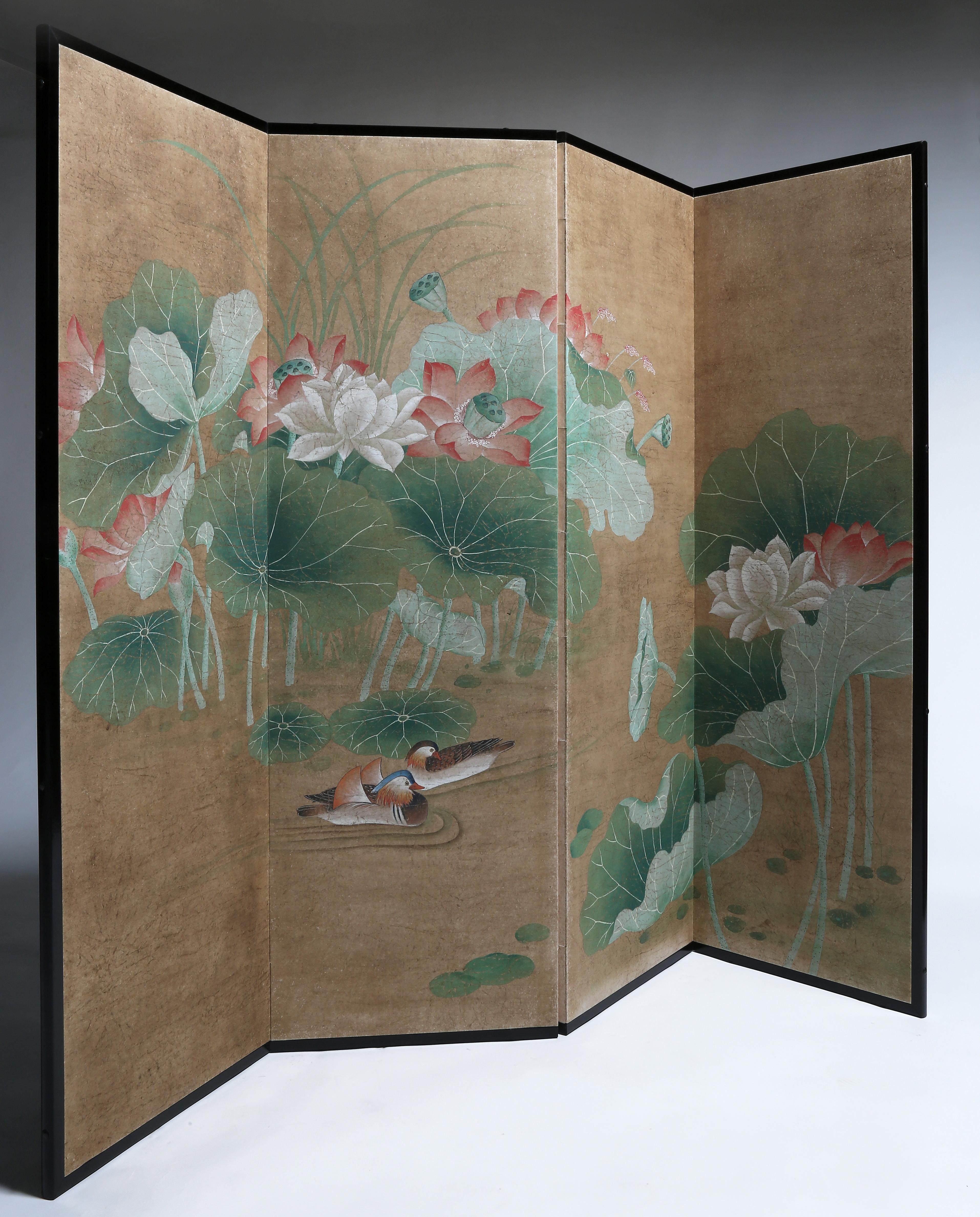 Contemporary Hand Painted Japanese Folding Screen Byobu of Lotus Pond and Mandarin Ducks
