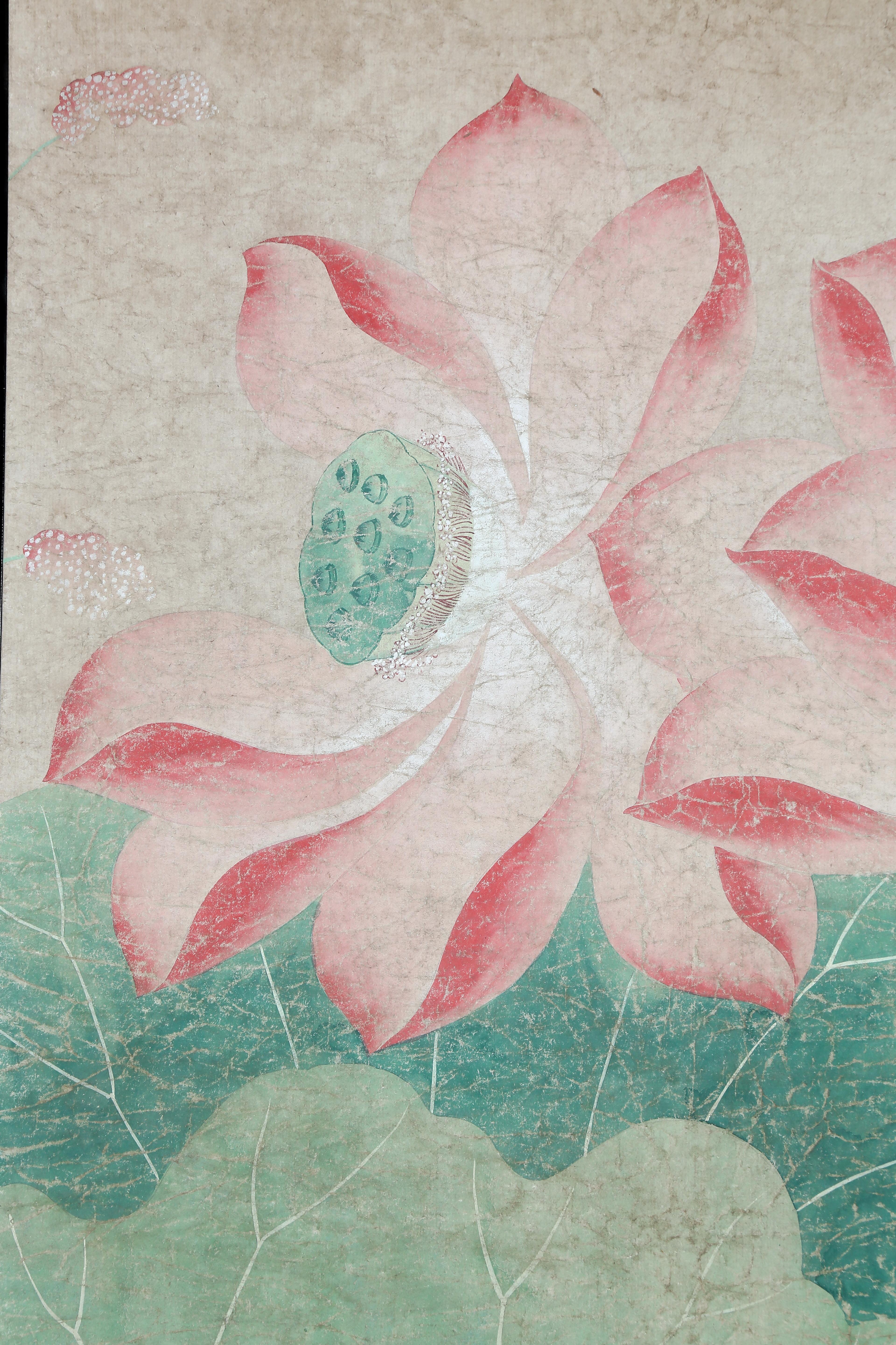 Asian Hand Painted Japanese Folding Screen Byobu of Lotus Pond