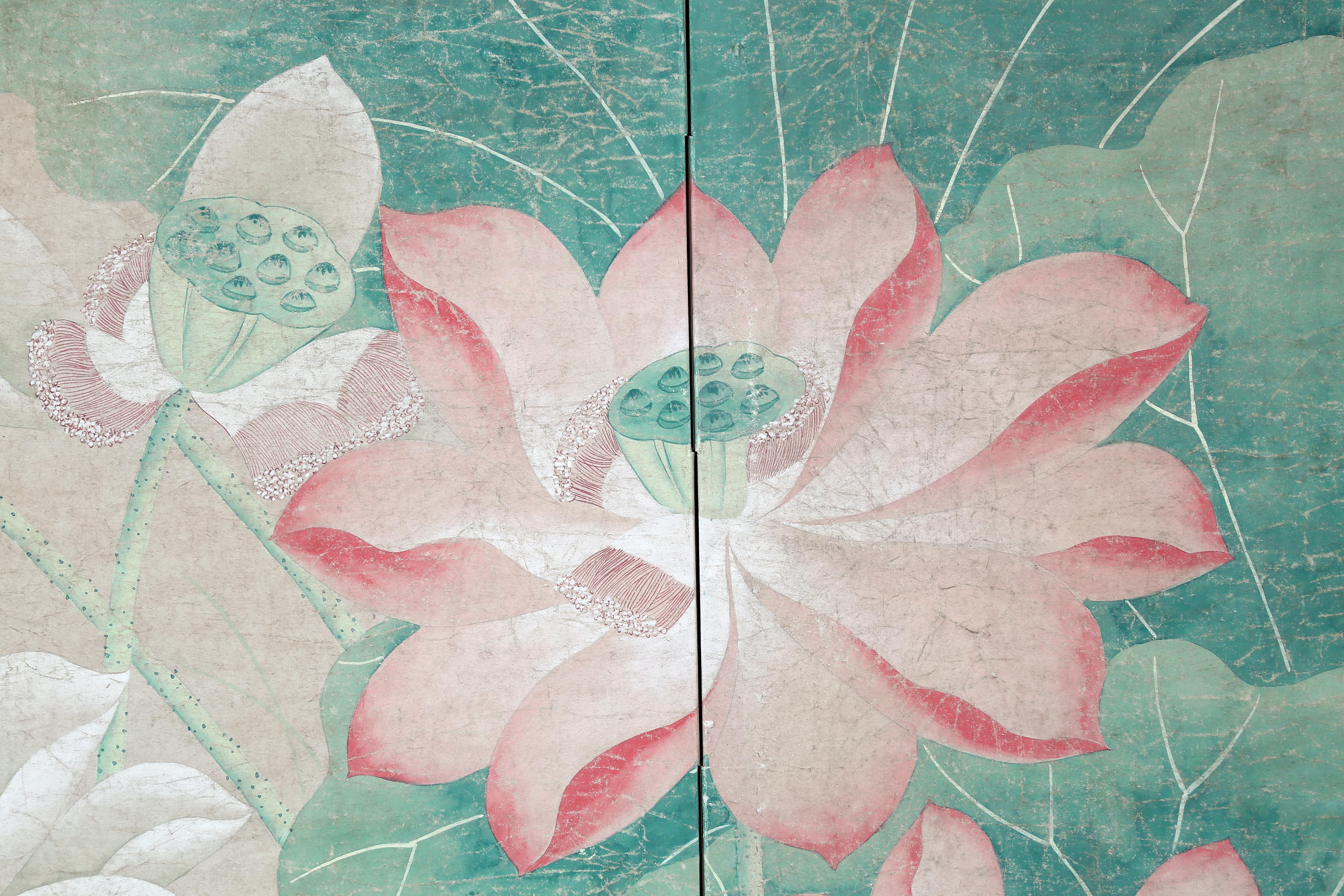 Hand Painted Japanese Folding Screen Byobu of Lotus Pond In New Condition In 10 Chater Road, HK