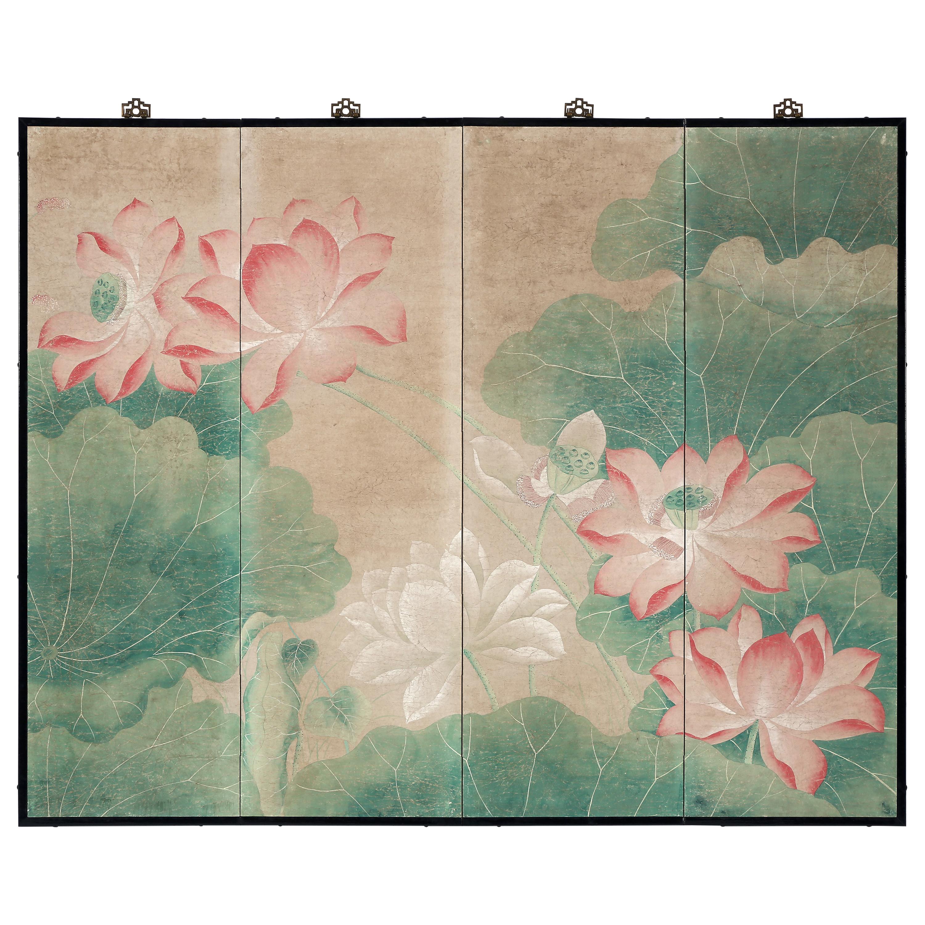 Hand Painted Japanese Folding Screen Byobu of Lotus Pond