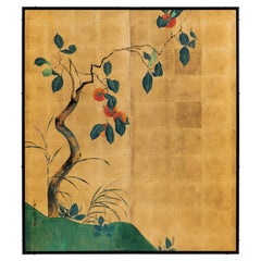 Hand-Painted Japanese Folding Screen Byobu of Persimmon Tree on Glodleaf