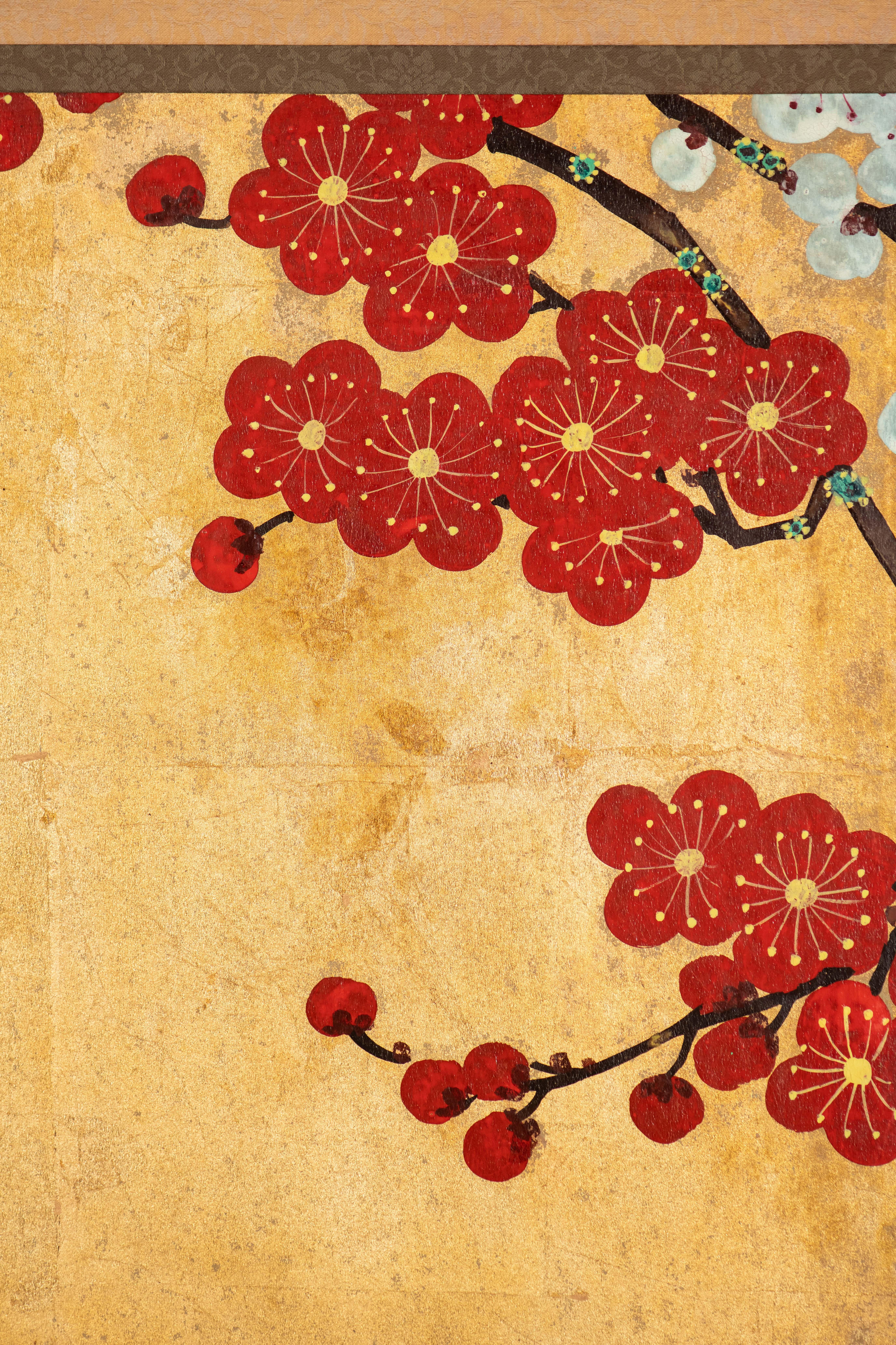 Hand Painted Japanese Folding Screen Byobu of Red and White Plum Blossom 2