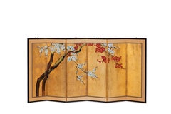 Hand Painted Japanese Folding Screen Byobu of Red and White Plum Blossom