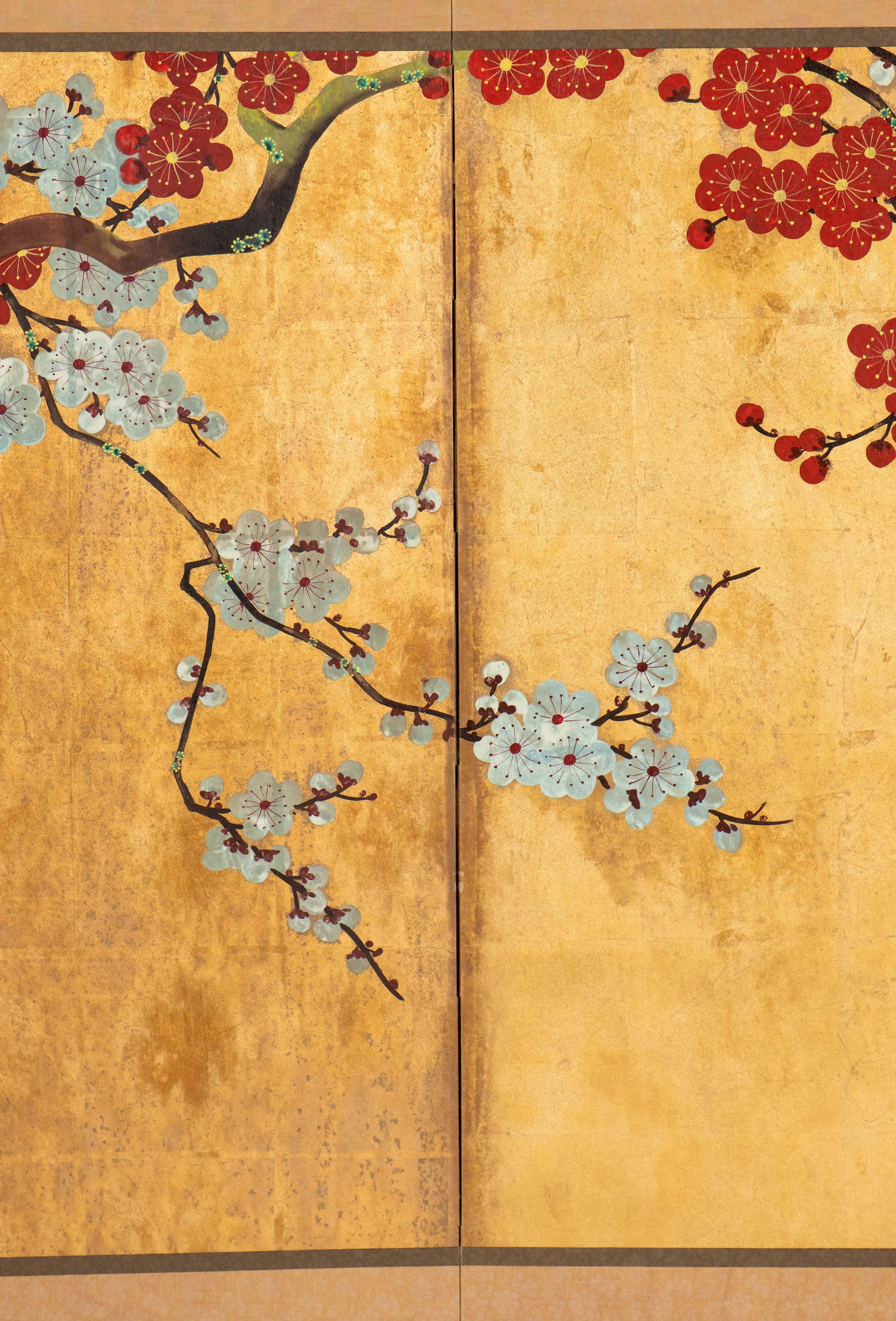Hand-Painted Hand Painted Japanese Folding Screen Byobu of Red and White Plum Blossom