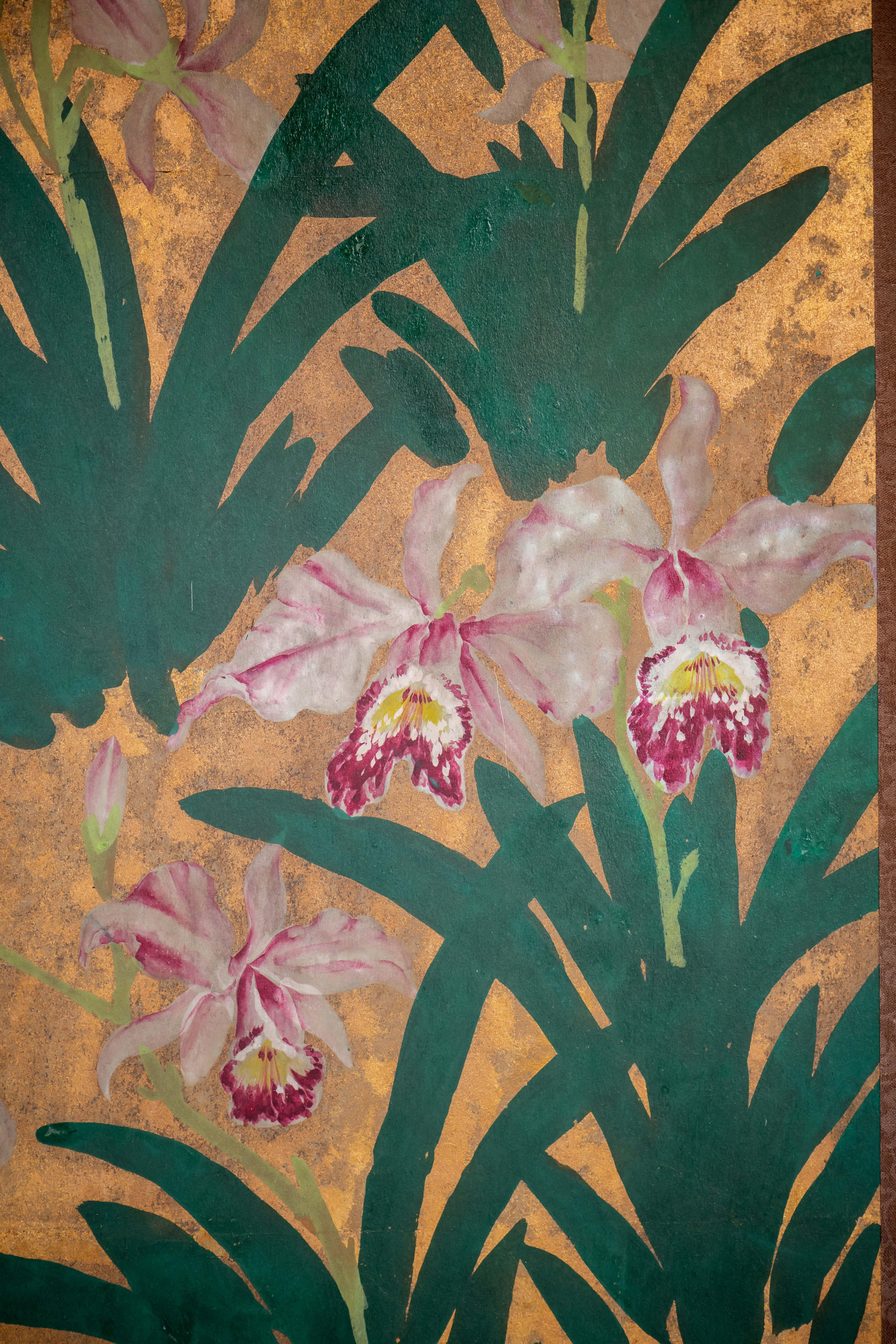 Hand-Painted Japanese Folding Screen Byobu of Scattered Orchids 5