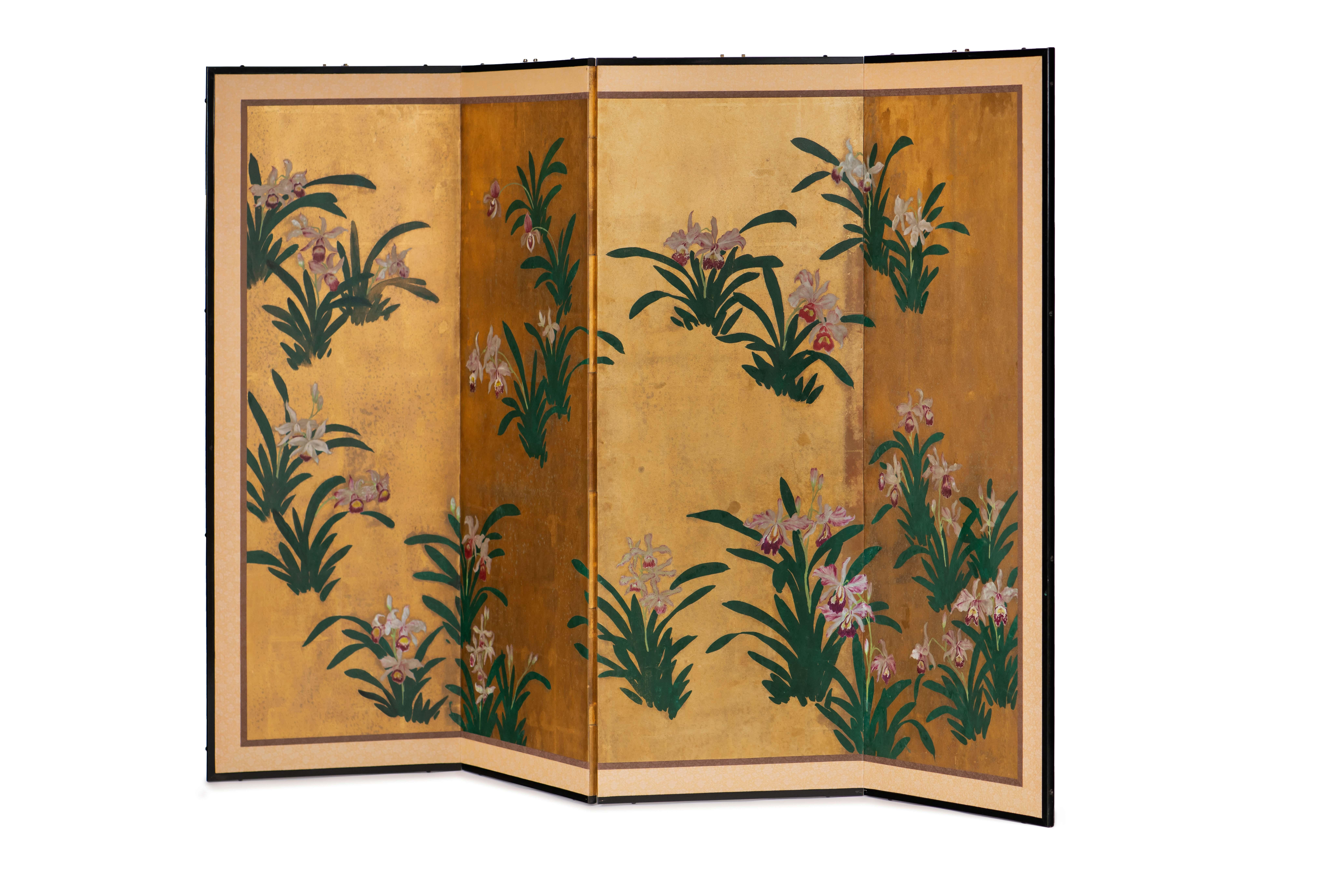Hand-Painted Japanese Folding Screen Byobu of Scattered Orchids 6