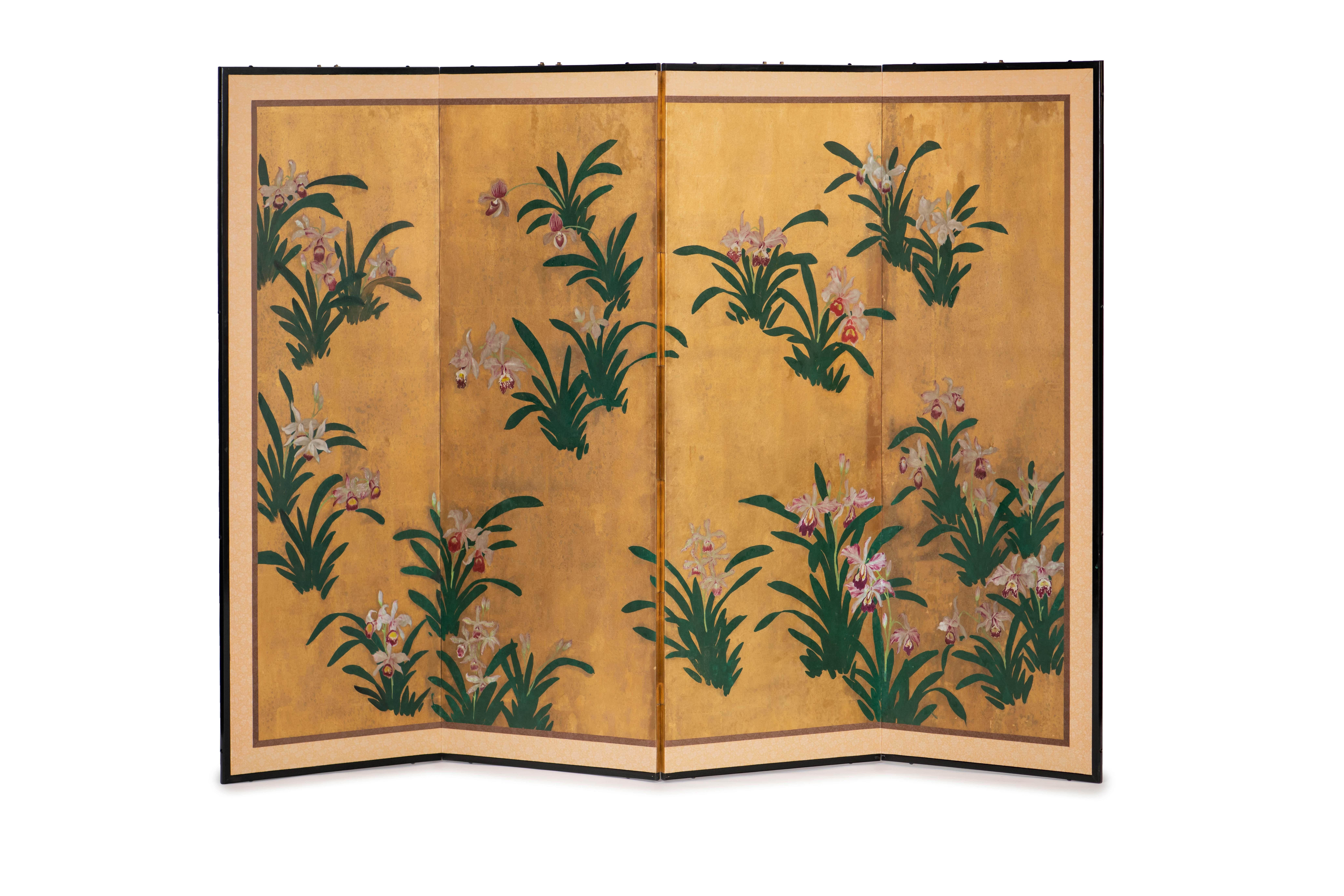 The scattered orchids painting of this four-panel screen is hand-painted in watercolor, on squares of gold leaf which are applied by hand to the paper base over carefully jointed wooden lattice frames. Lacquer rails are then applied to the perimeter