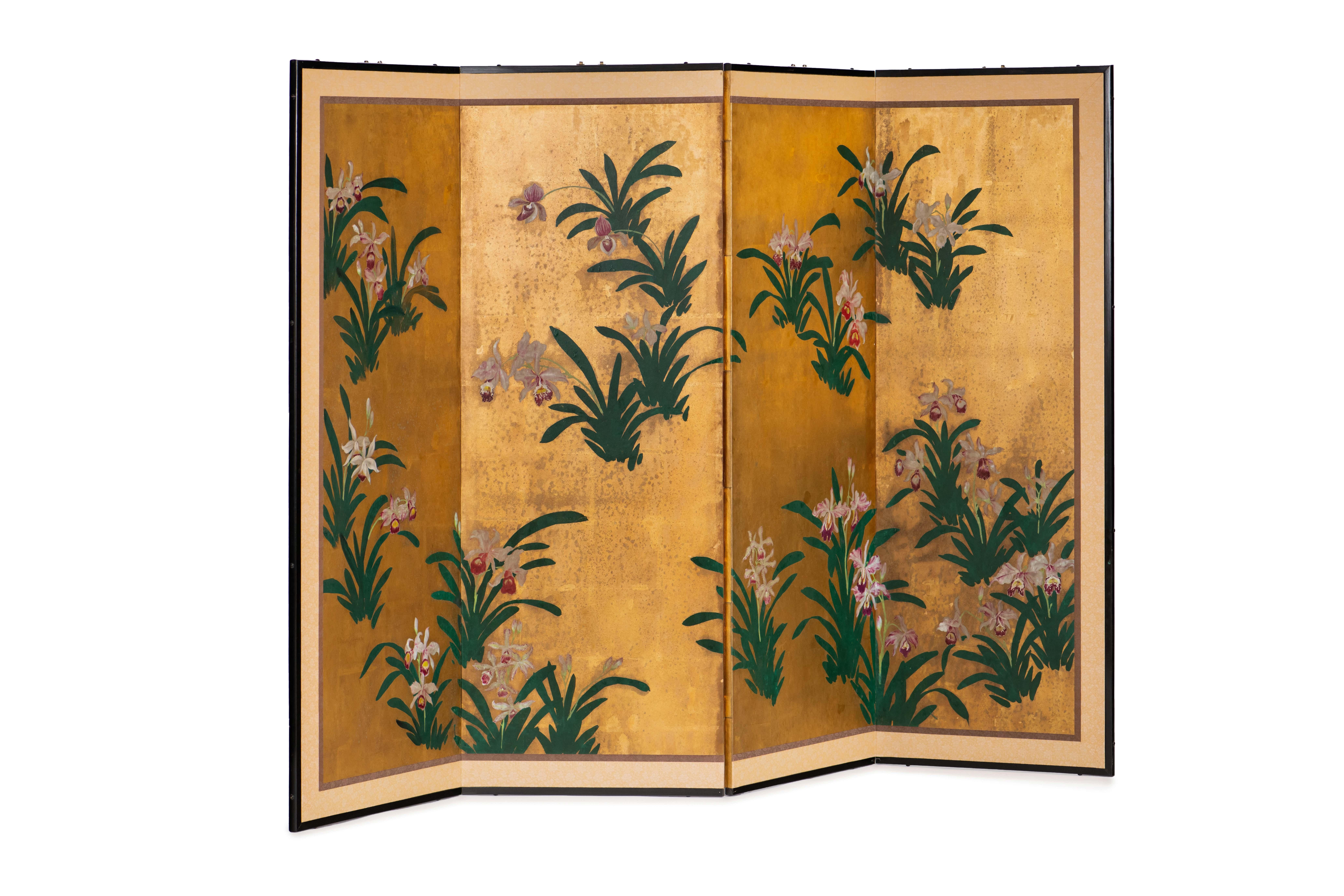 Chinese Hand-Painted Japanese Folding Screen Byobu of Scattered Orchids