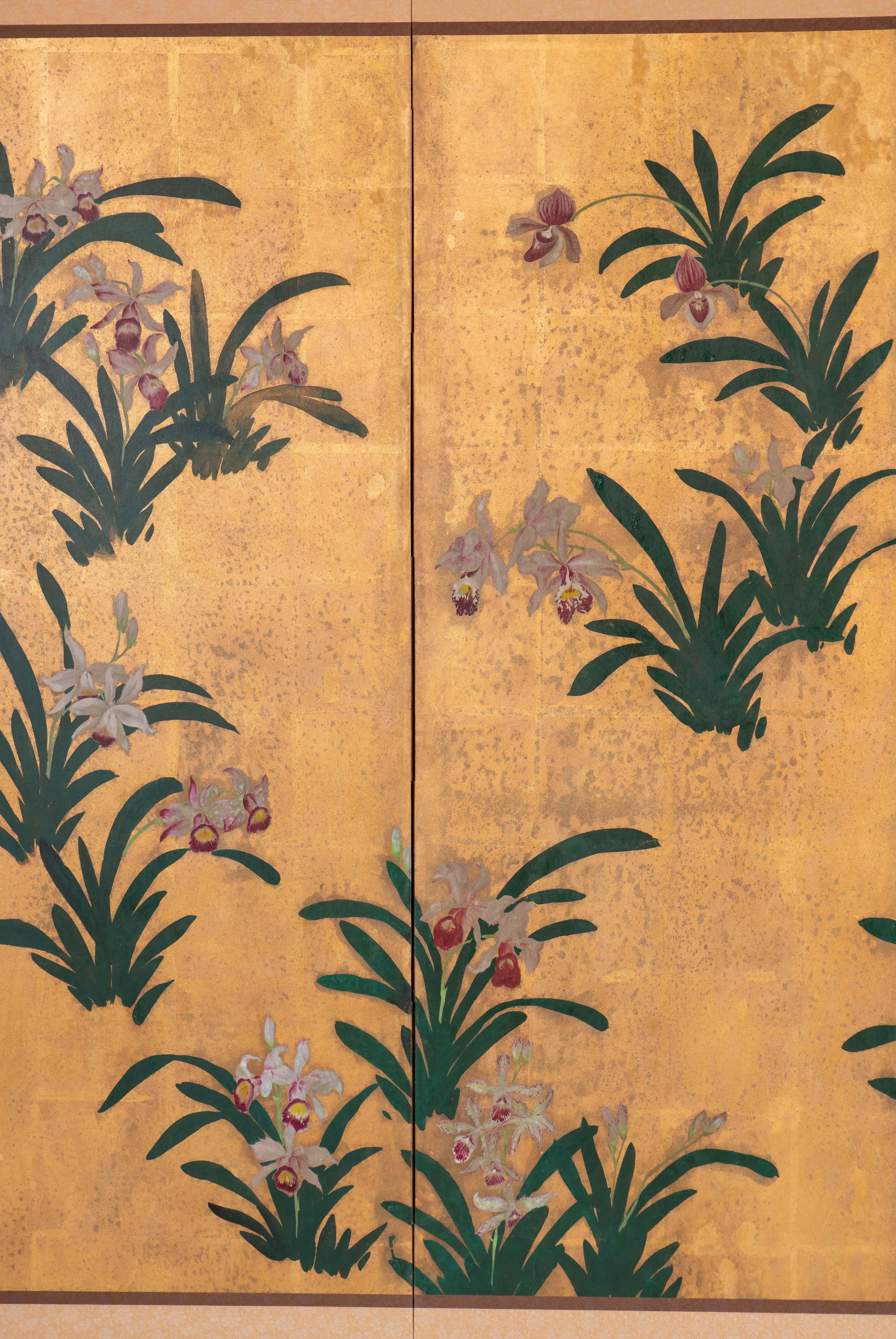Chinese Hand-Painted Japanese Folding Screen Byobu of Scattered Orchids