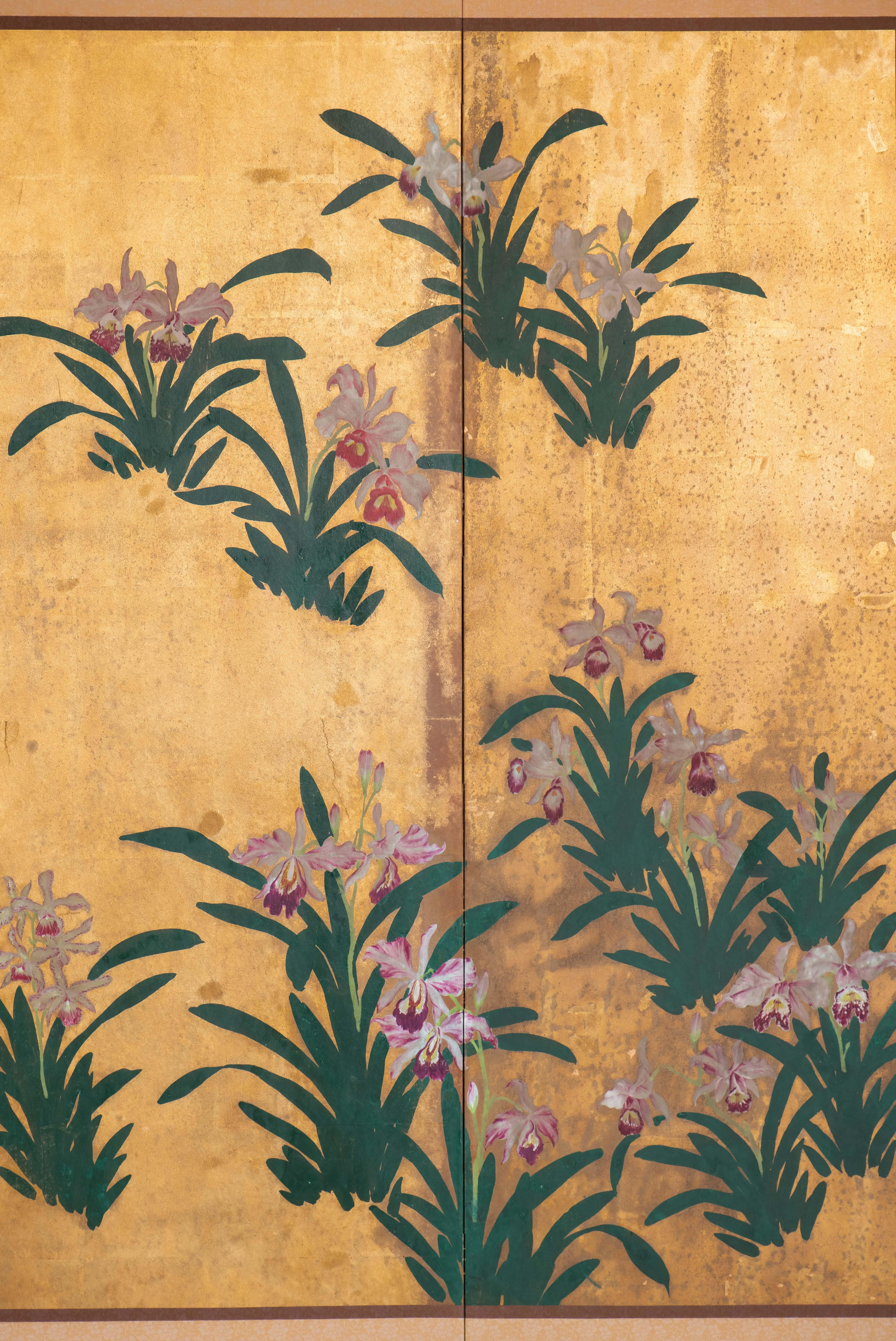 Contemporary Hand-Painted Japanese Folding Screen Byobu of Scattered Orchids