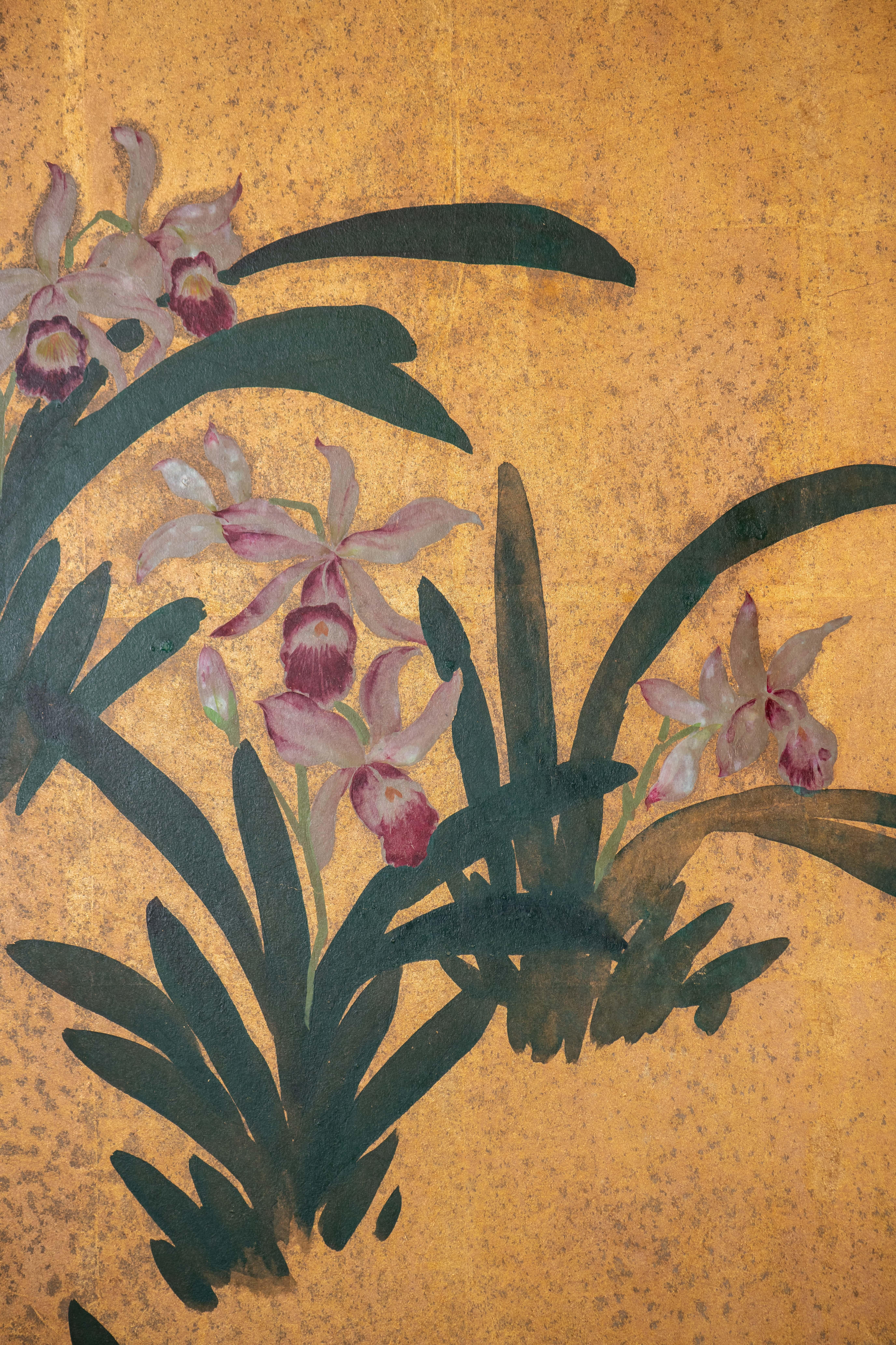 Hand-Painted Japanese Folding Screen Byobu of Scattered Orchids 1
