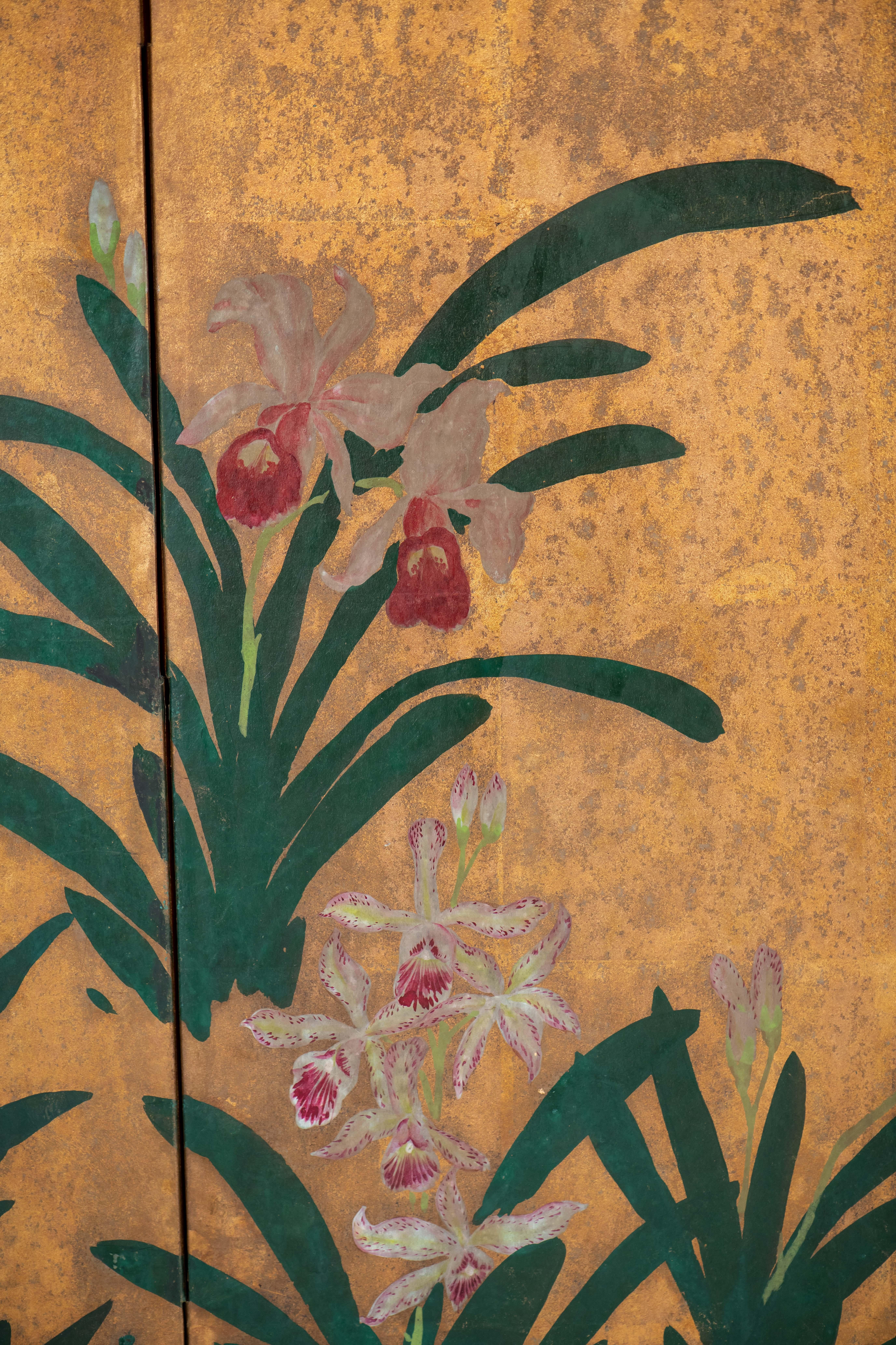 Hand-Painted Japanese Folding Screen Byobu of Scattered Orchids 1