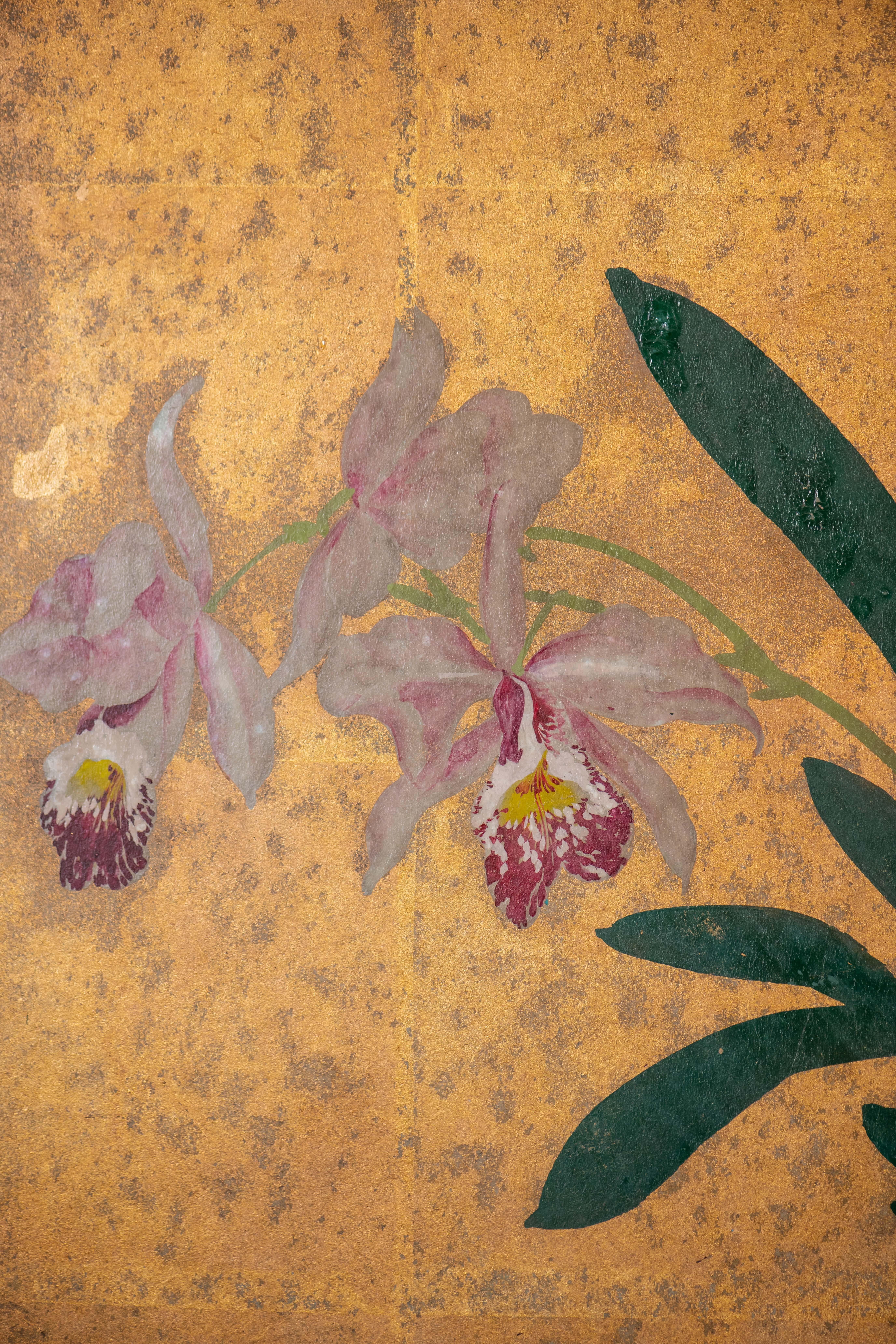 Hand-Painted Japanese Folding Screen Byobu of Scattered Orchids 3