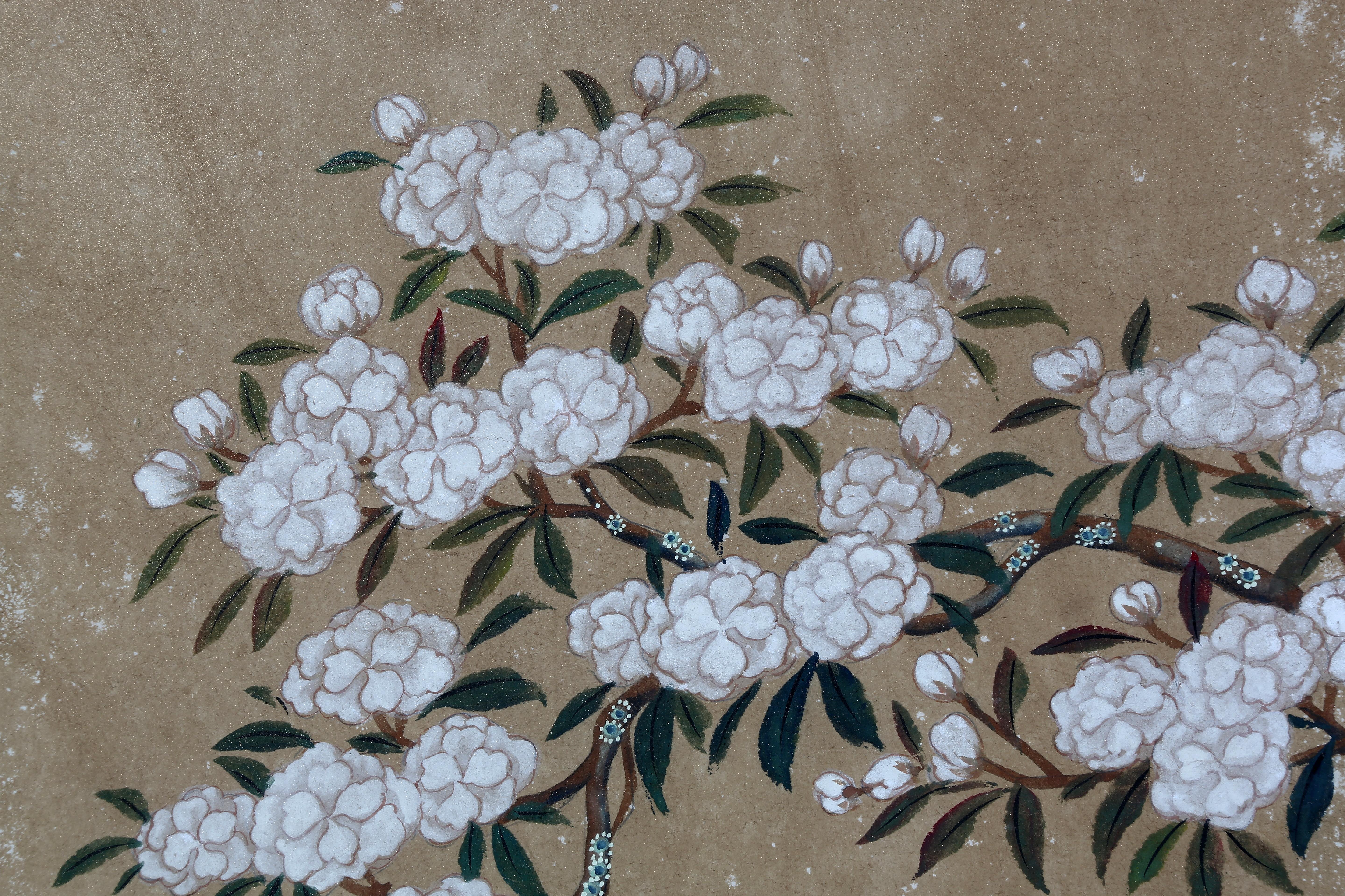 The white Sakura blossom painting of this six-panel screen is hand painted in watercolor, on rice paper over carefully jointed wooden lattice frames. Lacquer rails are then applied to the perimeter to finish the edges of the screen and provide