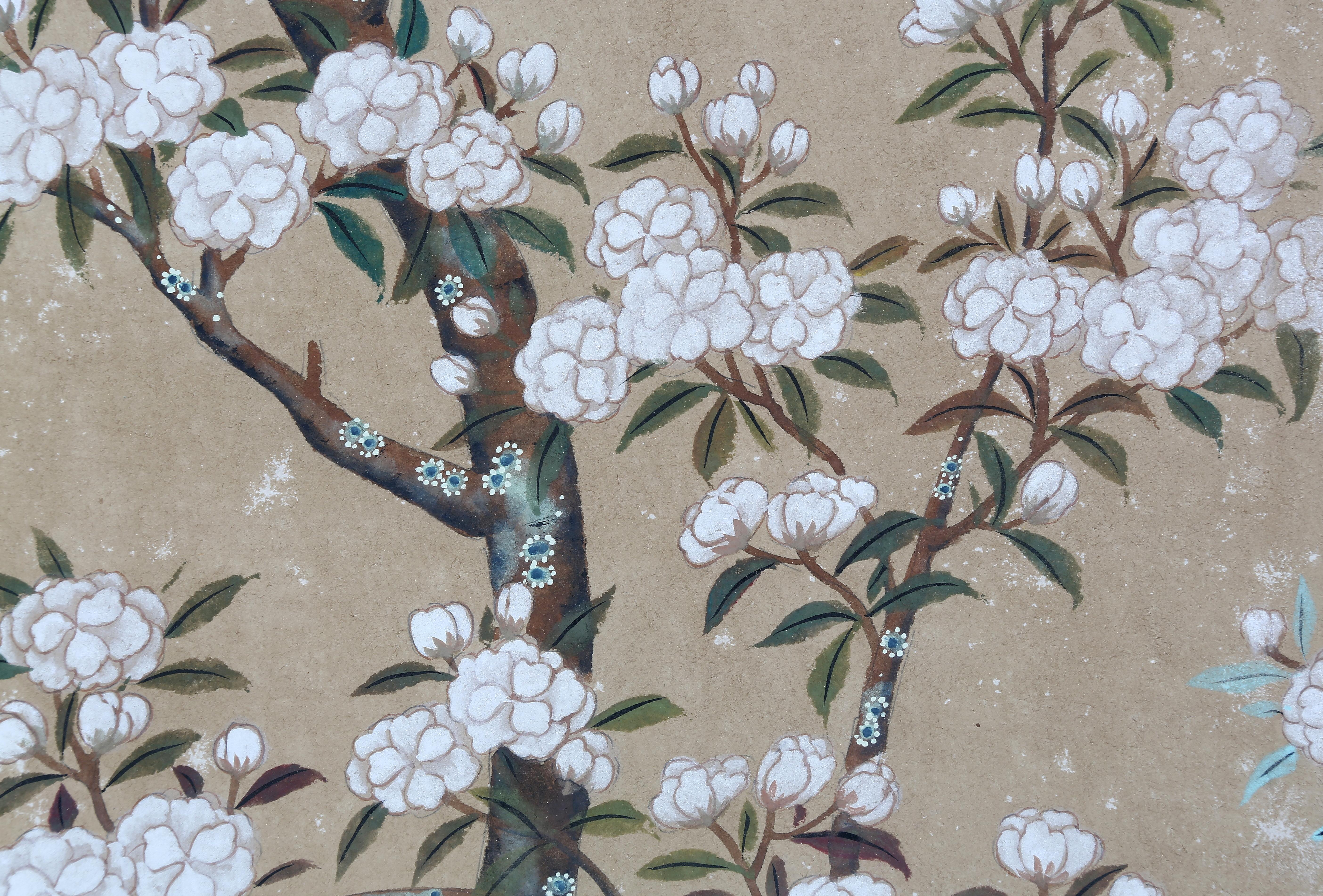 Asian Hand Painted Japanese Folding Screen Byobu of White Sakura Blossom