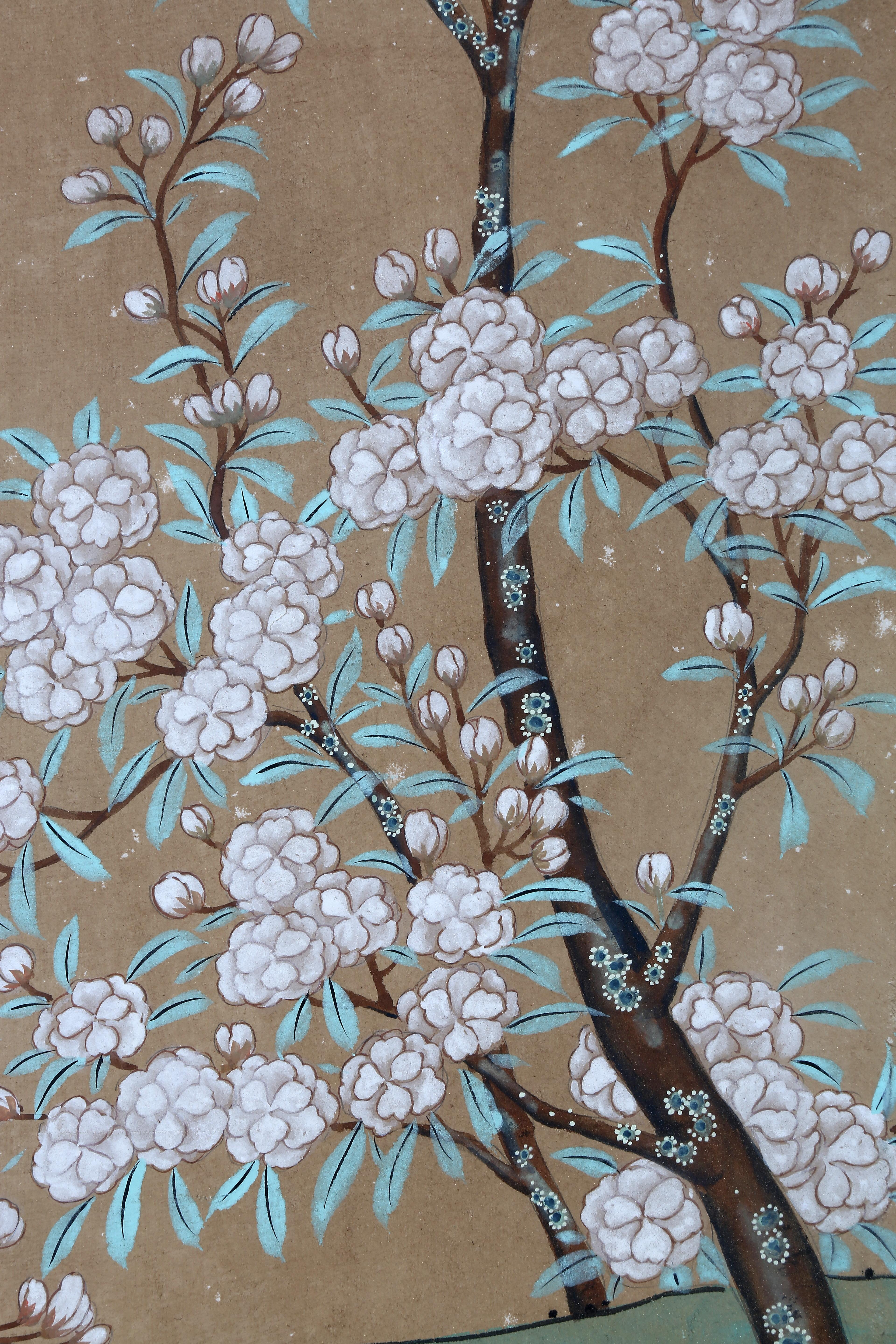 Hand-Painted Hand Painted Japanese Folding Screen Byobu of White Sakura Blossom