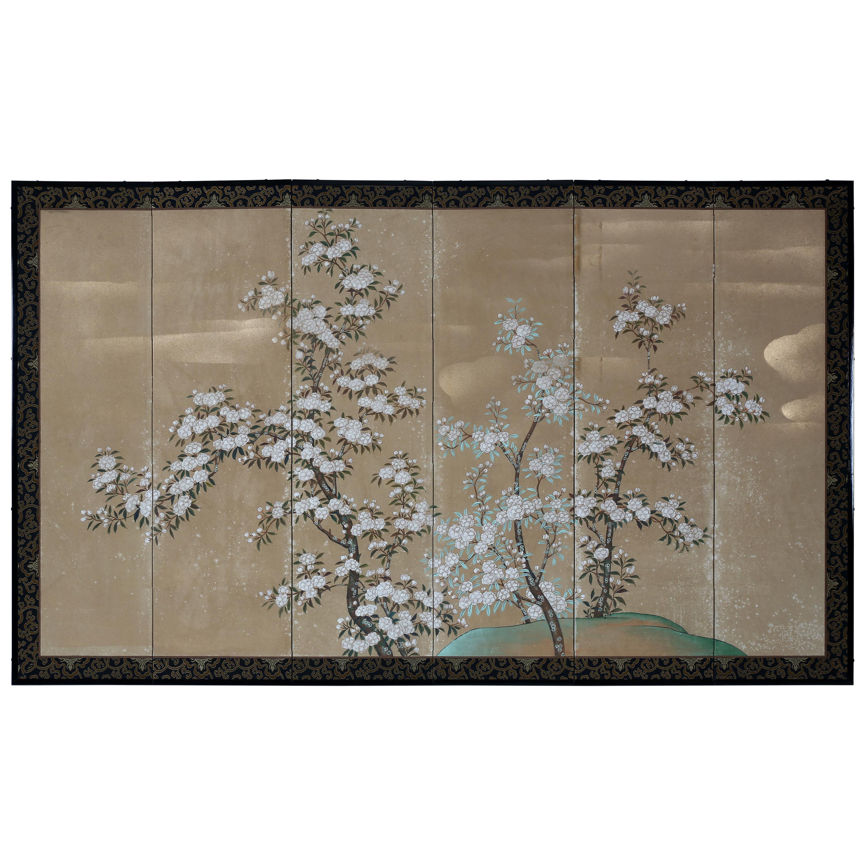 Hand Painted Japanese Folding Screen Byobu of White Sakura Blossom