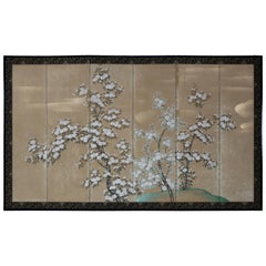 Hand Painted Japanese Folding Screen Byobu of White Sakura Blossom