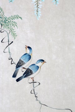 Hand Painted Japanese Folding Screen Byobu of Wisteria by the Pond