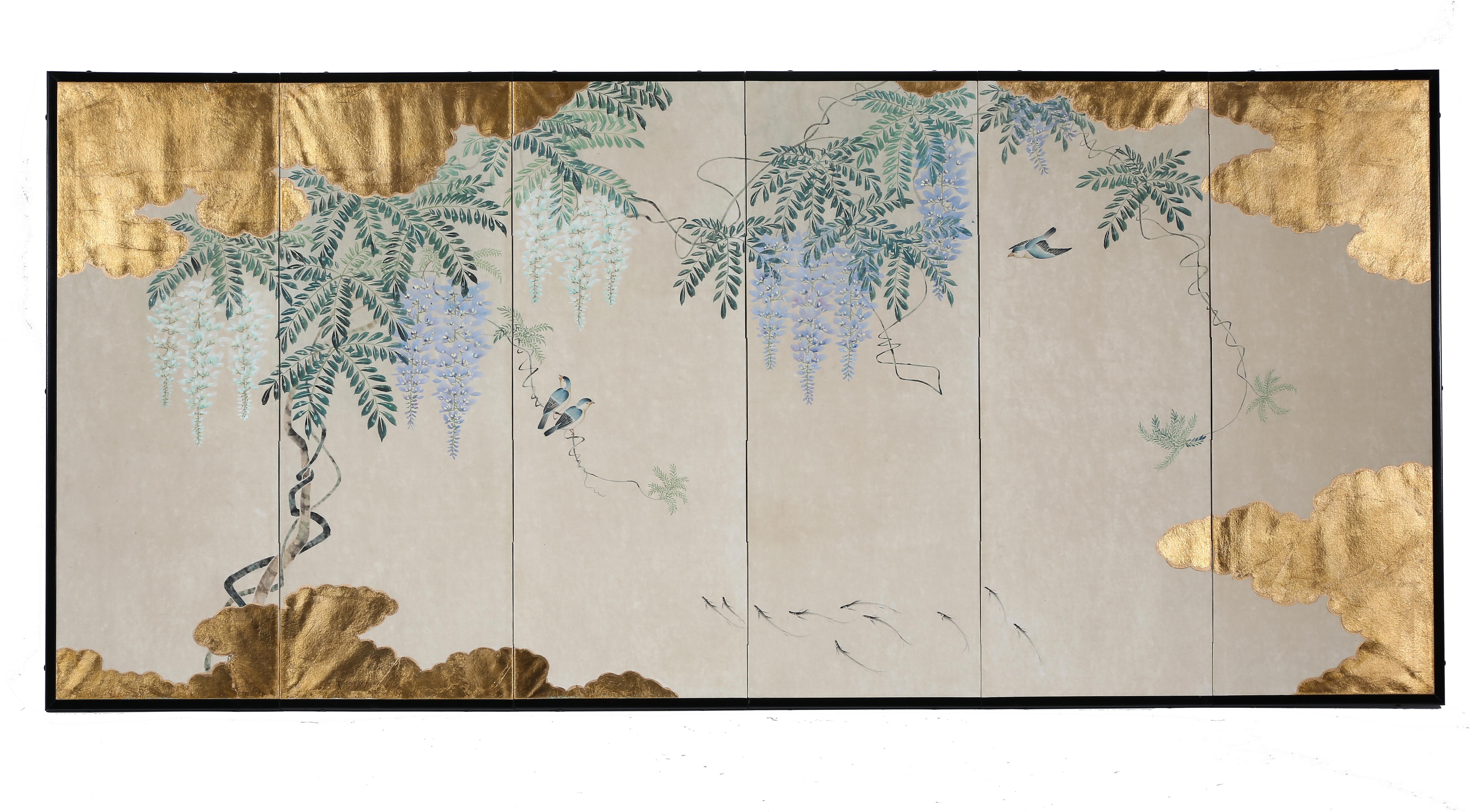 Wood Hand Painted Japanese Folding Screen Byobu of Wisteria by the Pond