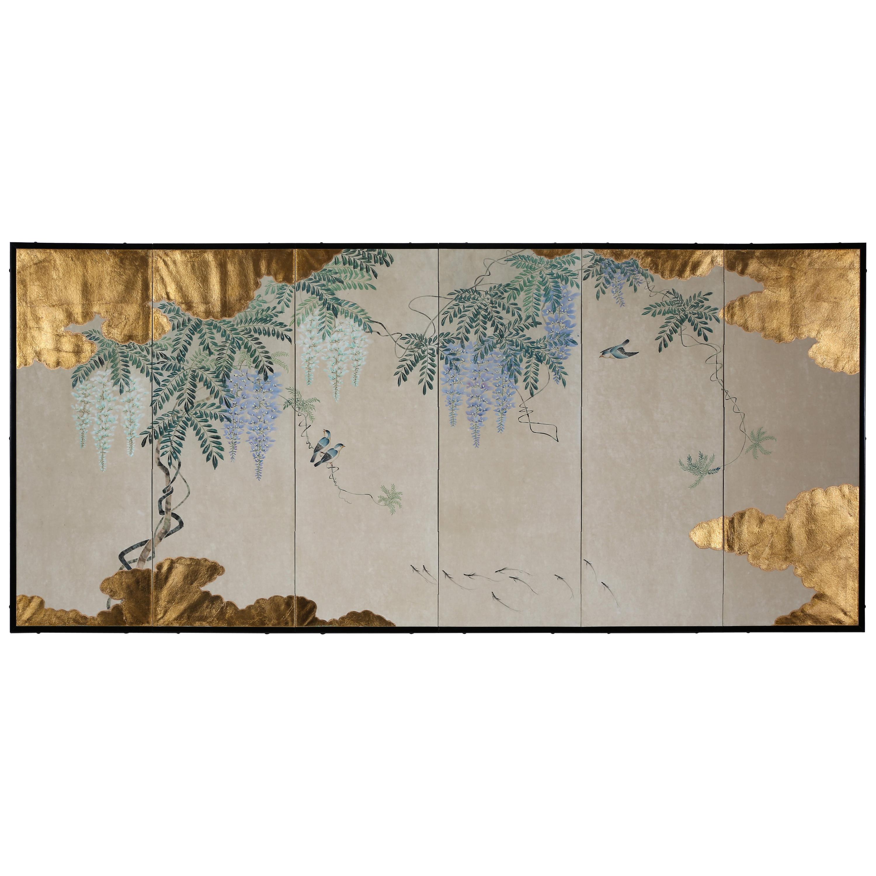 Hand Painted Japanese Folding Screen Byobu of Wisteria by the Pond