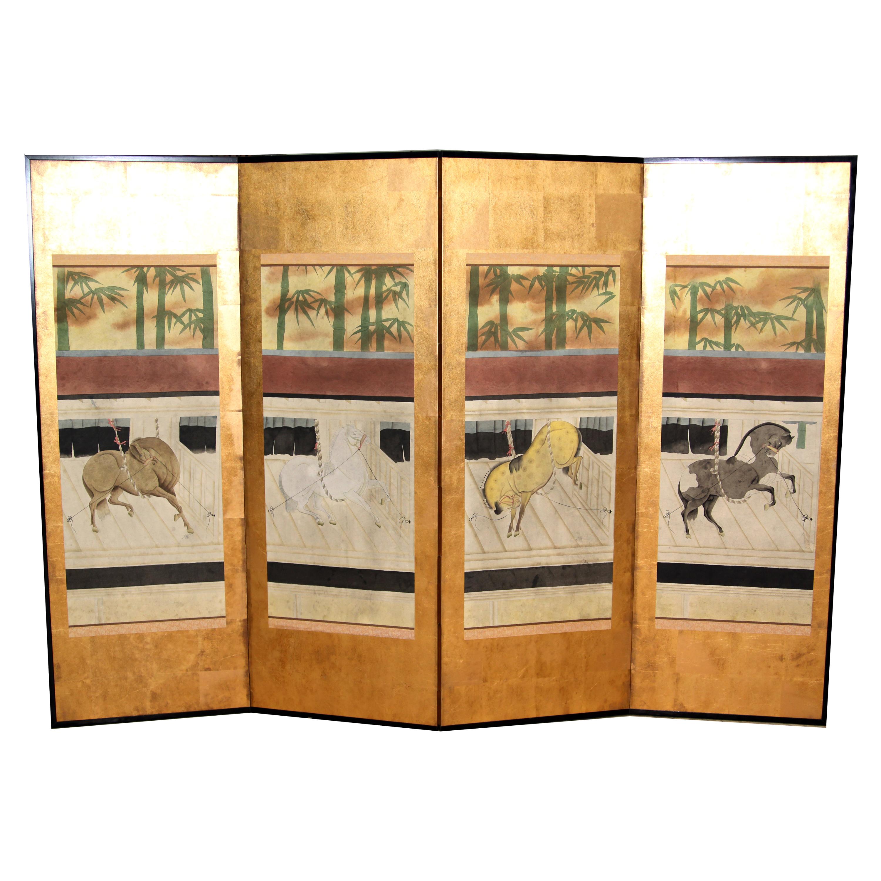 Hand Painted Japanese Folding Screen 'Byobu' Ponies Painting, Watercolor