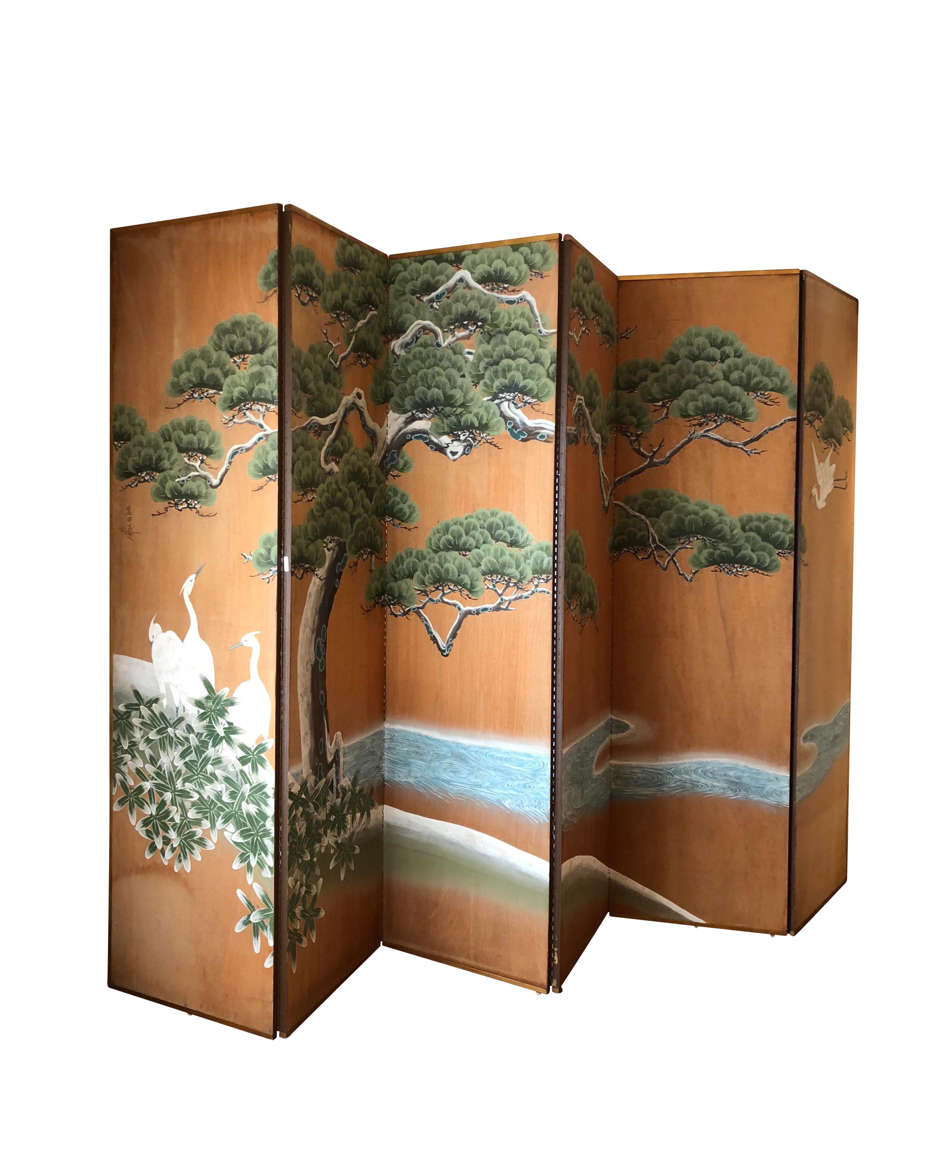 Bois Paravent d'inspiration japonaise peint à la main par l'artiste Robert Crowder en vente