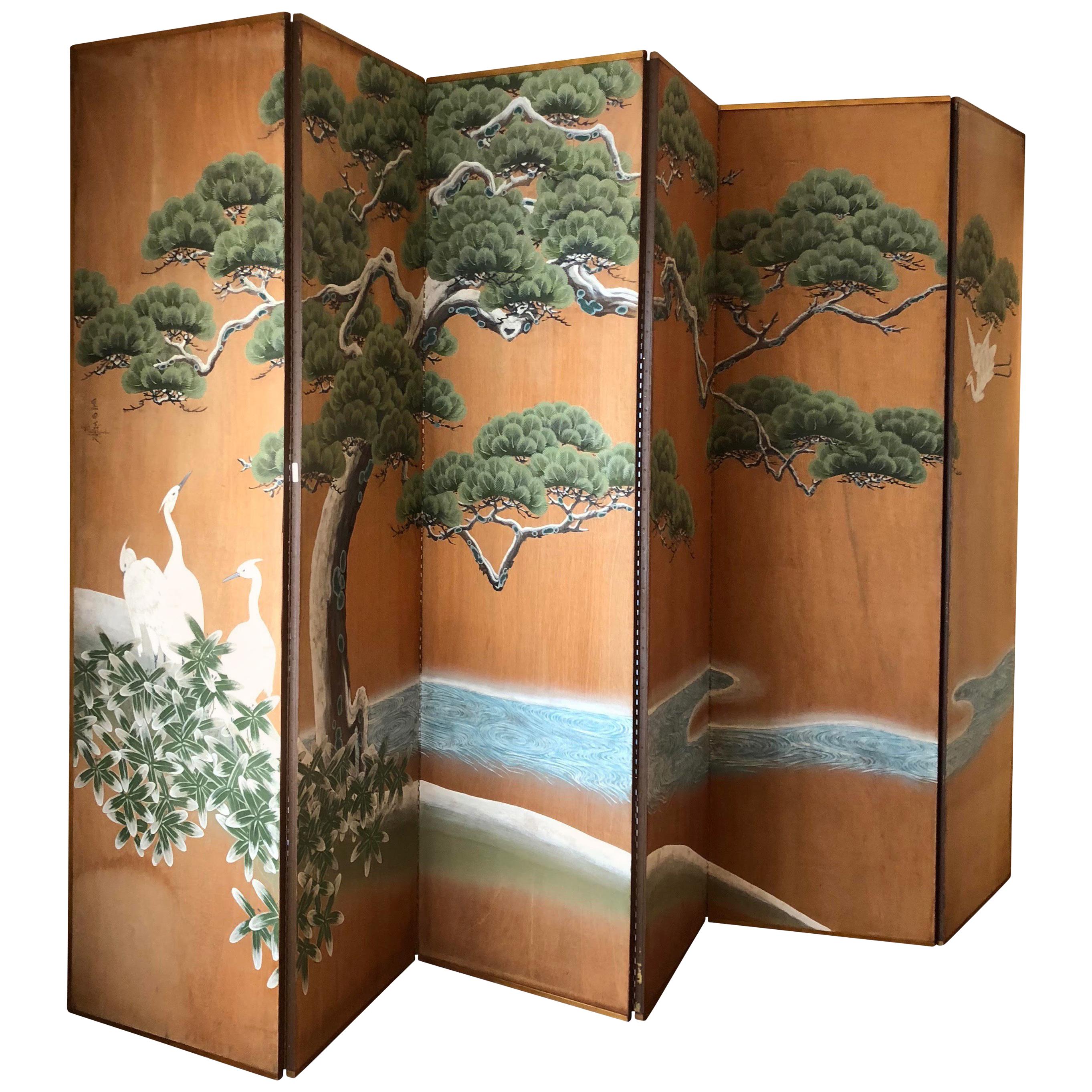 Hand-Painted Japanese Inspired Screen by Artist Robert Crowder