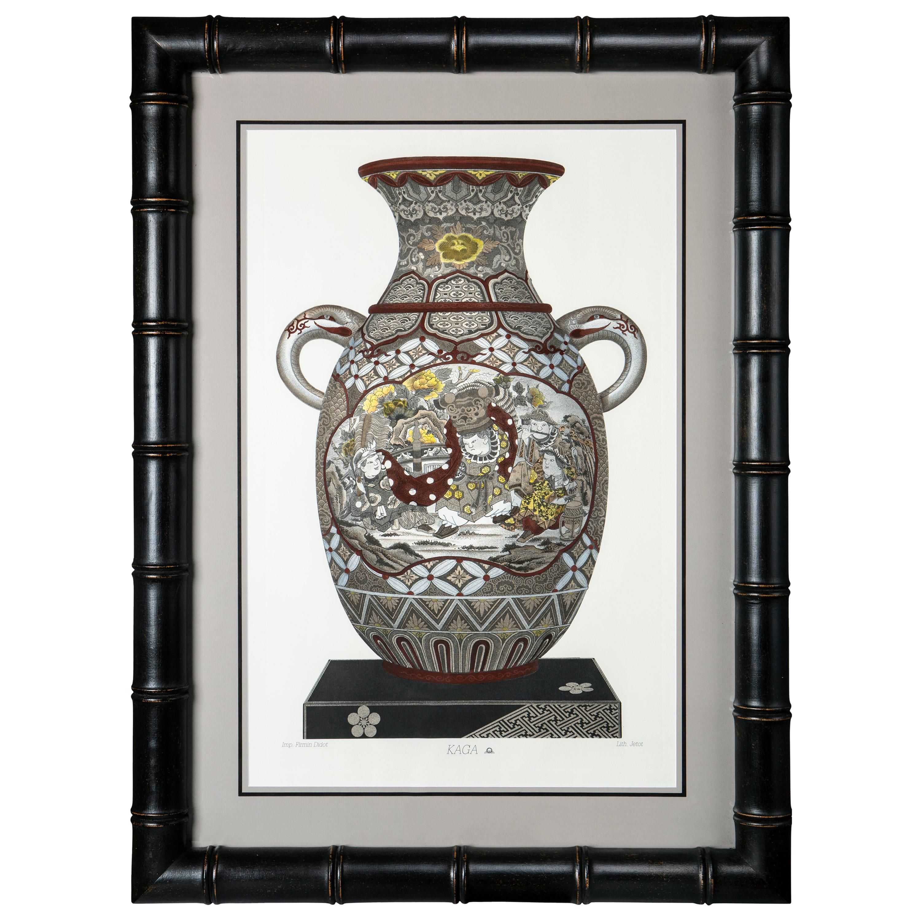 Italian Hand Painted Japanese "SATSUMA" Vase Print with Wooden Bamboo Frame  For Sale