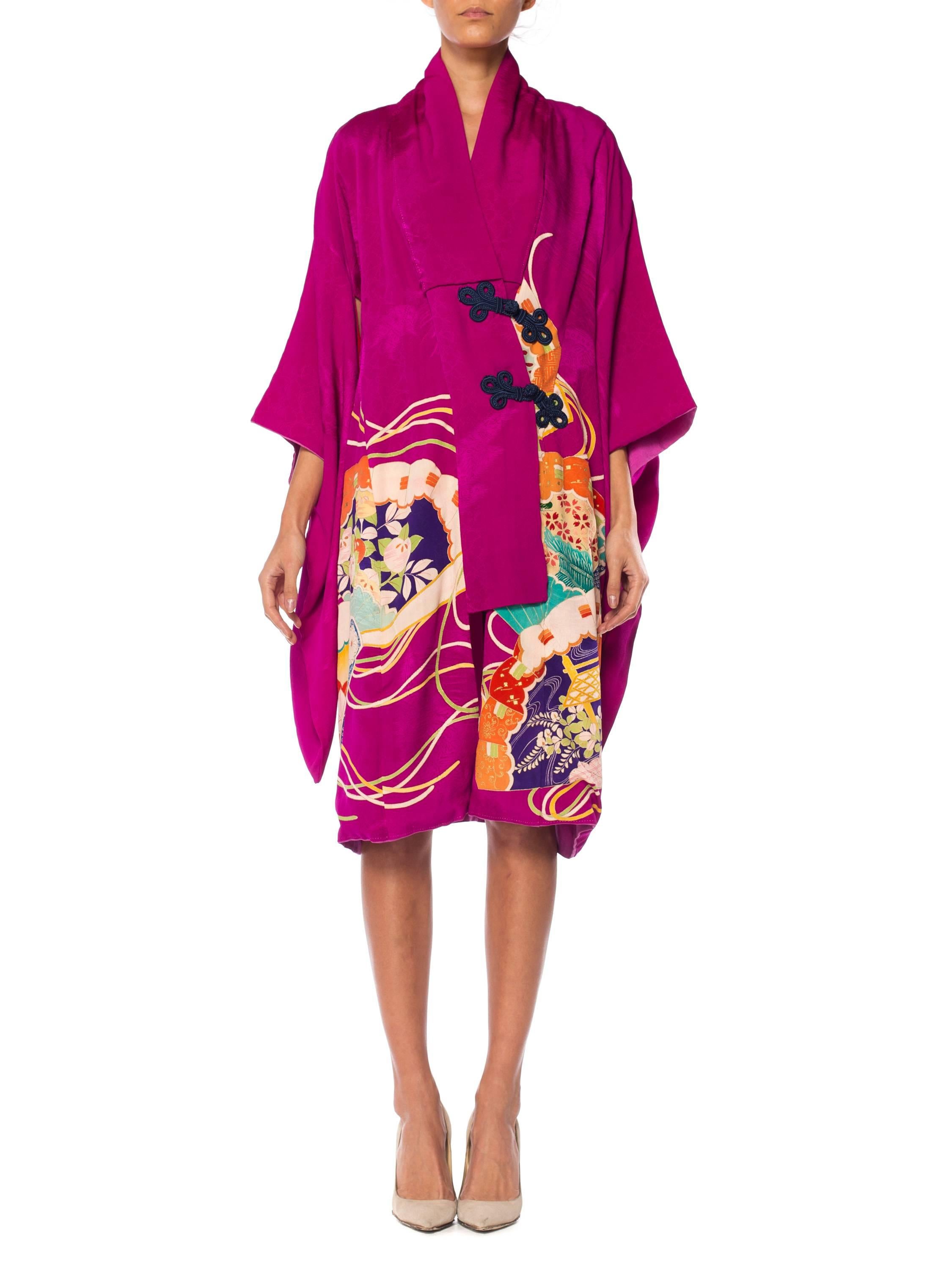 Red MORPHEW COLLECTION Silk  Wrap Dress Made From A Kimono With Frog Closures