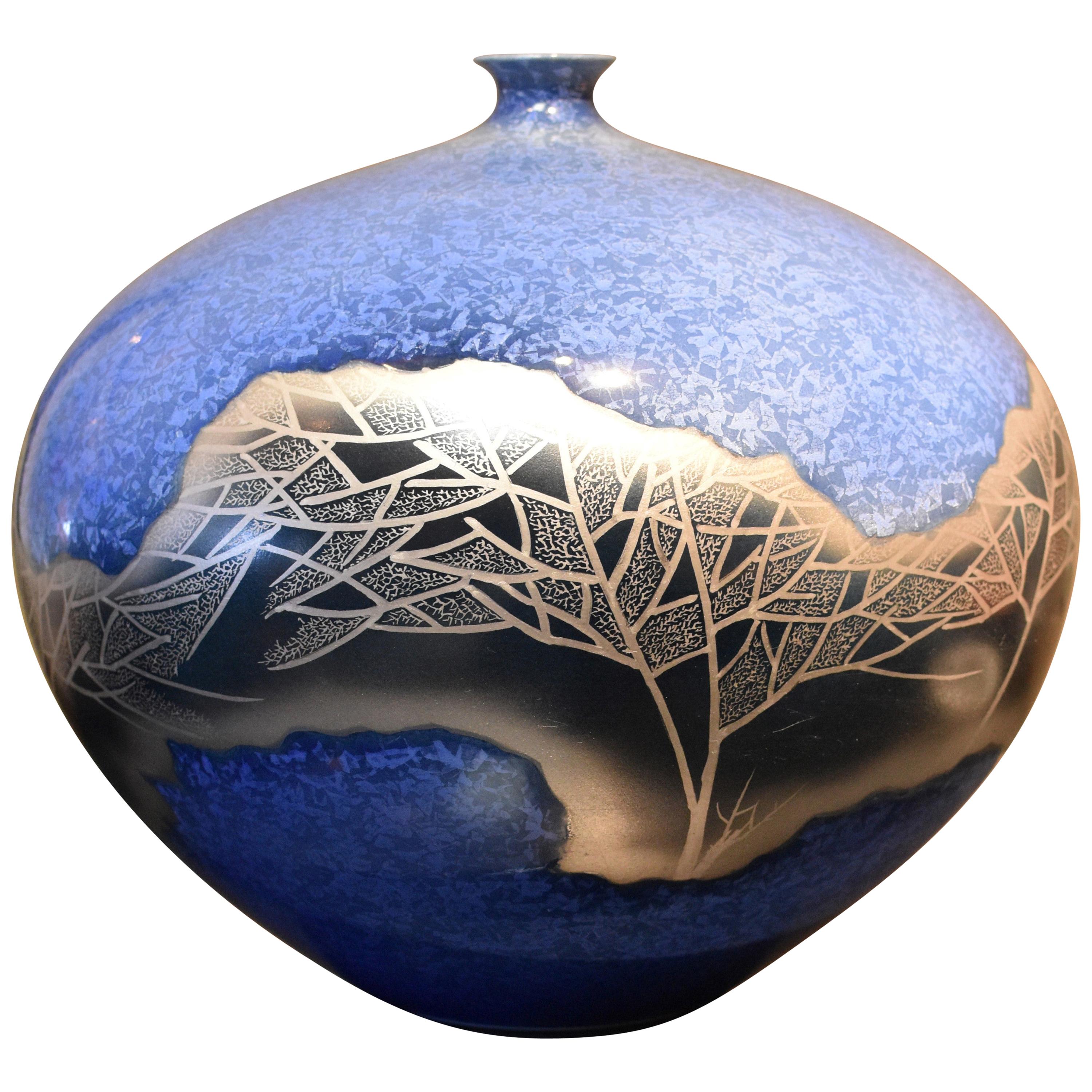 Japanese Porcelain Vase in Blue Platinum by Contemporary Master Artist For Sale
