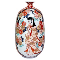 Hand Painted Contemporary Japanese Red Pink Porcelain Vase by Master Artist