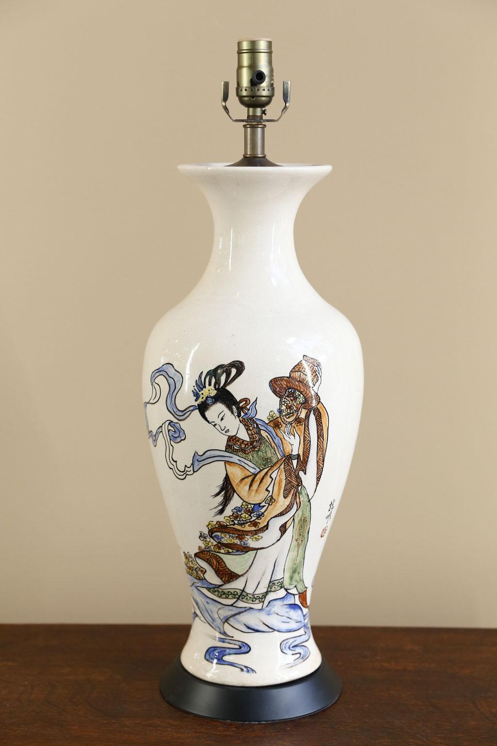 Japonisme Hand Painted Japanese Stoneware Table Lamp