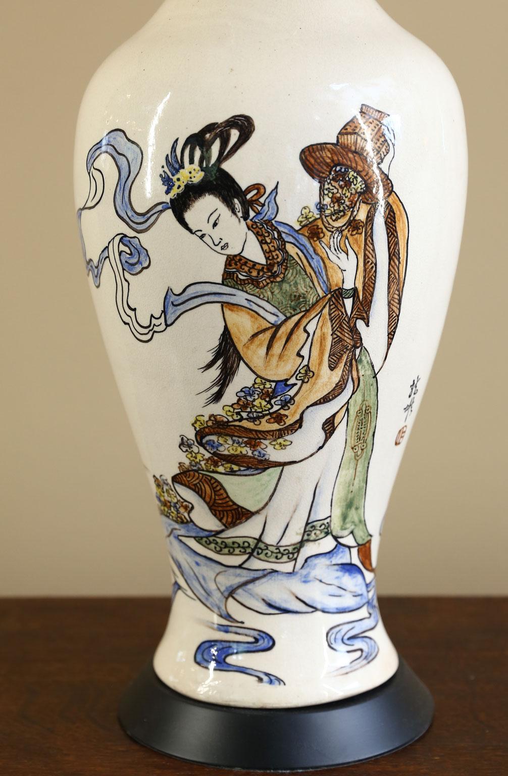 Hand-Painted Hand Painted Japanese Stoneware Table Lamp
