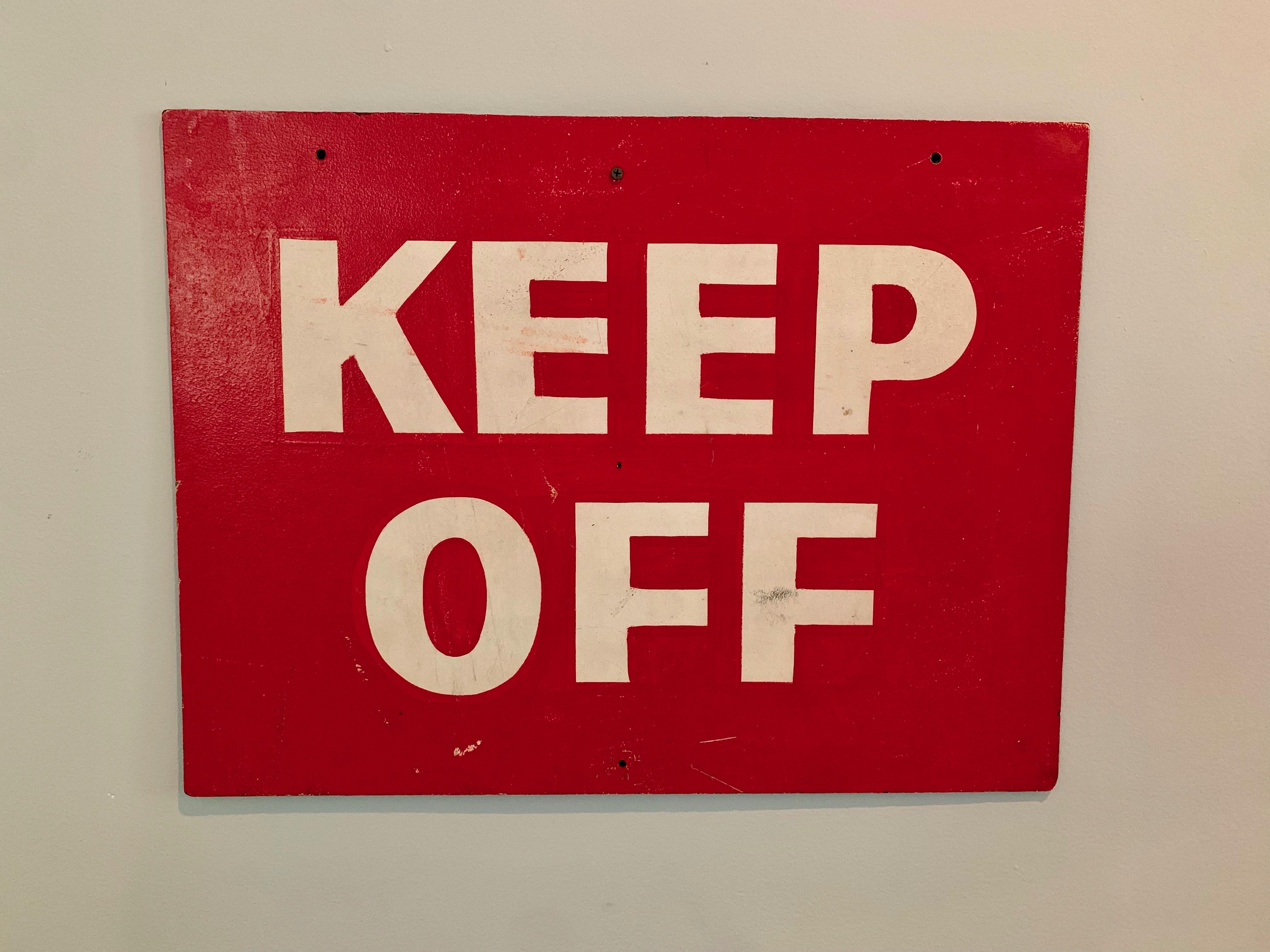 Vintage wooden Keep Off sign. Hand painted with red background and white lettering on thin wood board. Great colors and graphics. Great vintage condition. Cool piece of wall art.

 
