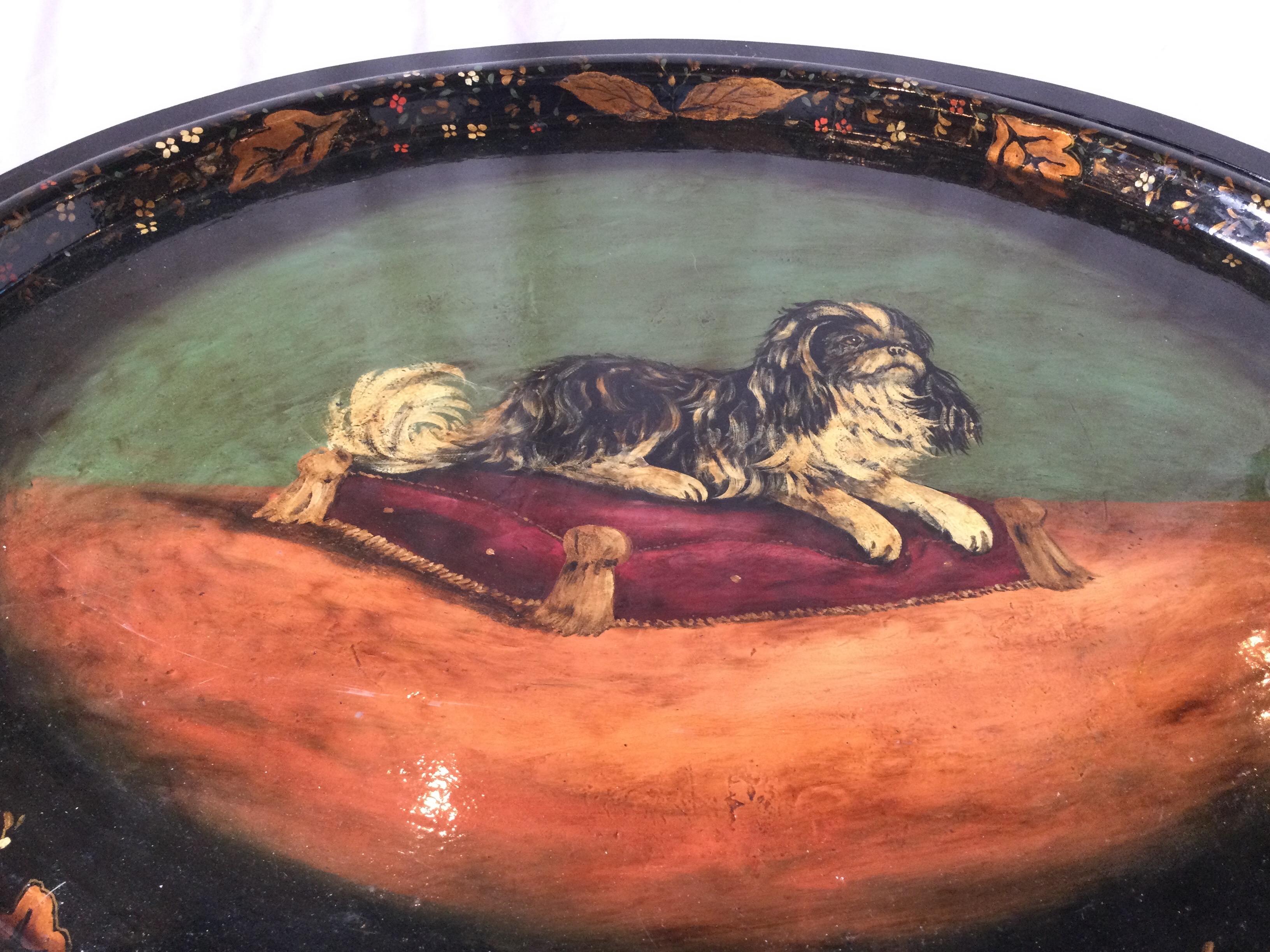 American Hand Painted King Charles Spaniel Tray Cocktail Table w/ Faux Bamboo Fitted Base