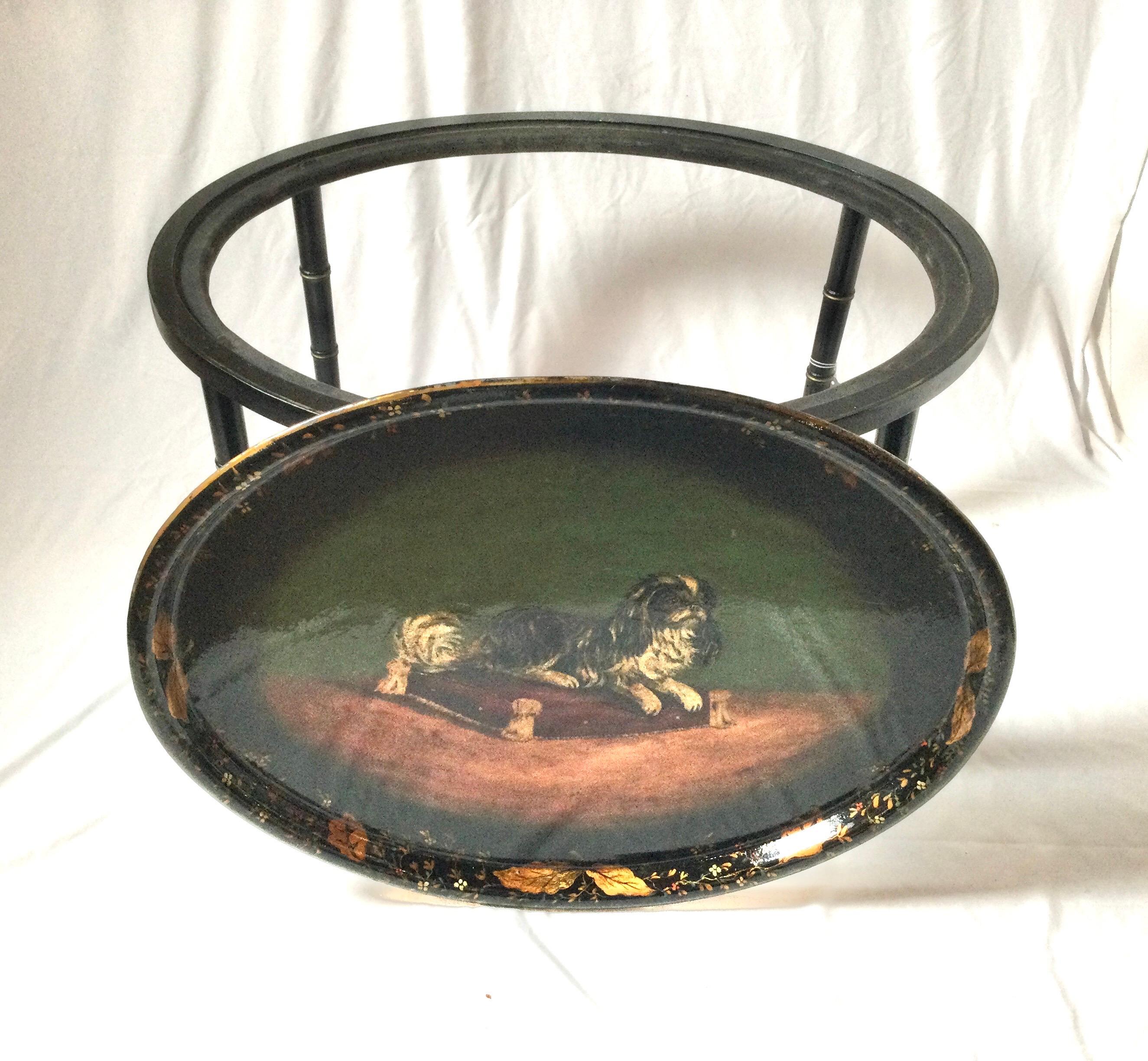 Metal Hand Painted King Charles Spaniel Tray Cocktail Table w/ Faux Bamboo Fitted Base