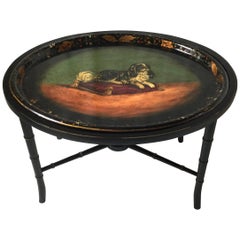 Hand Painted King Charles Spaniel Tray Cocktail Table w/ Faux Bamboo Fitted Base
