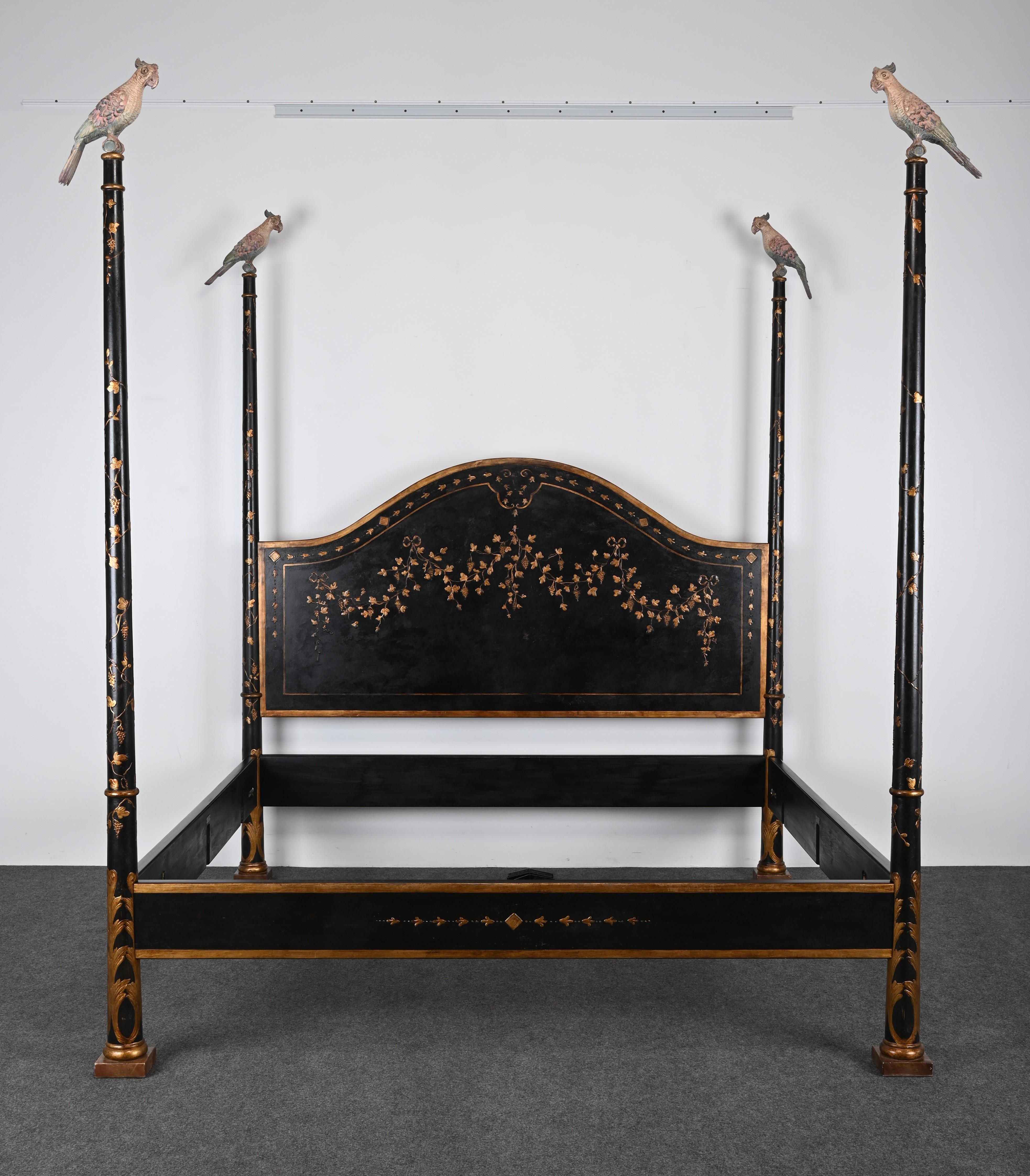 A lovely Italian Hand-painted Poster Bed by Patina furniture company, 1980s. This Italian bed has a beautiful hand-painted aged patinated finish. This whimsical poster bed has hand-carved parrots perching on top of hand-painted posts. Includes six