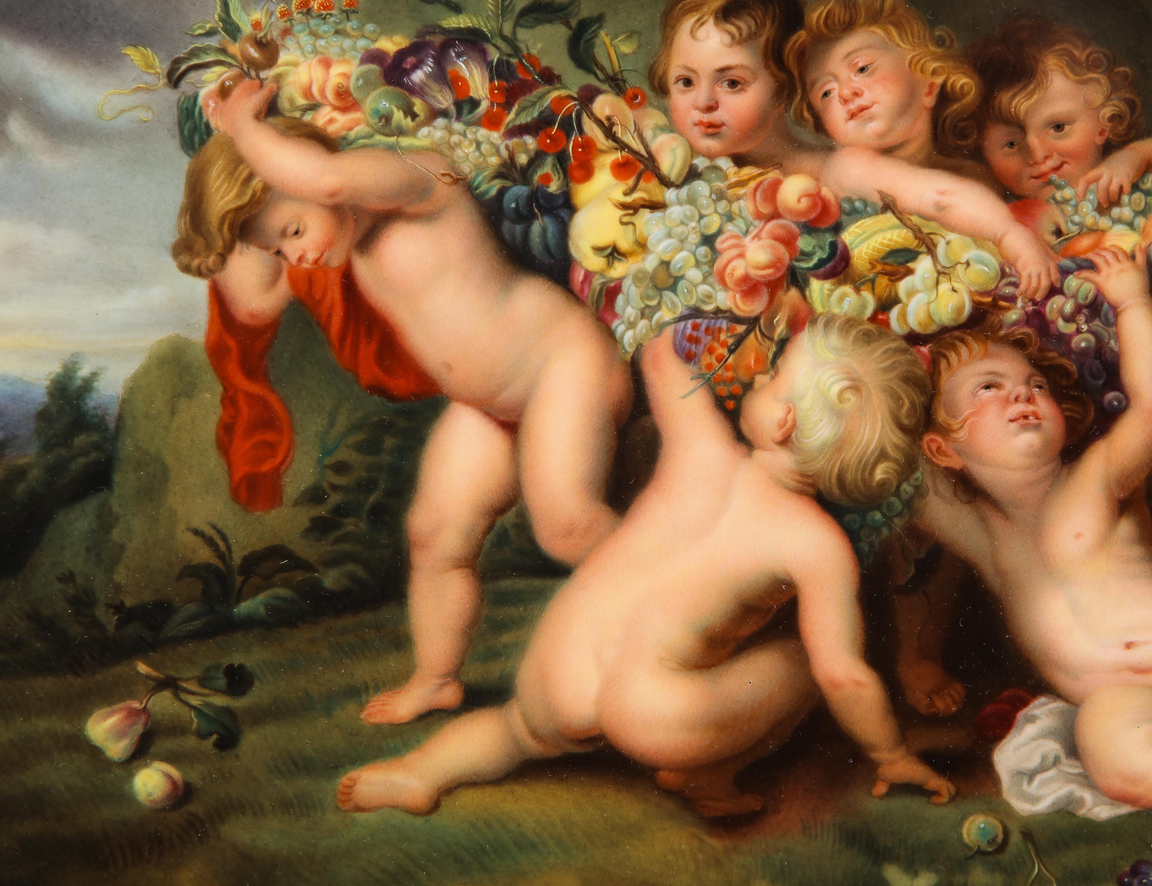 Late 19th Century Hand Painted KPM Plaque of Cherubs with Garland of Fruit after Peter Paul Rubens