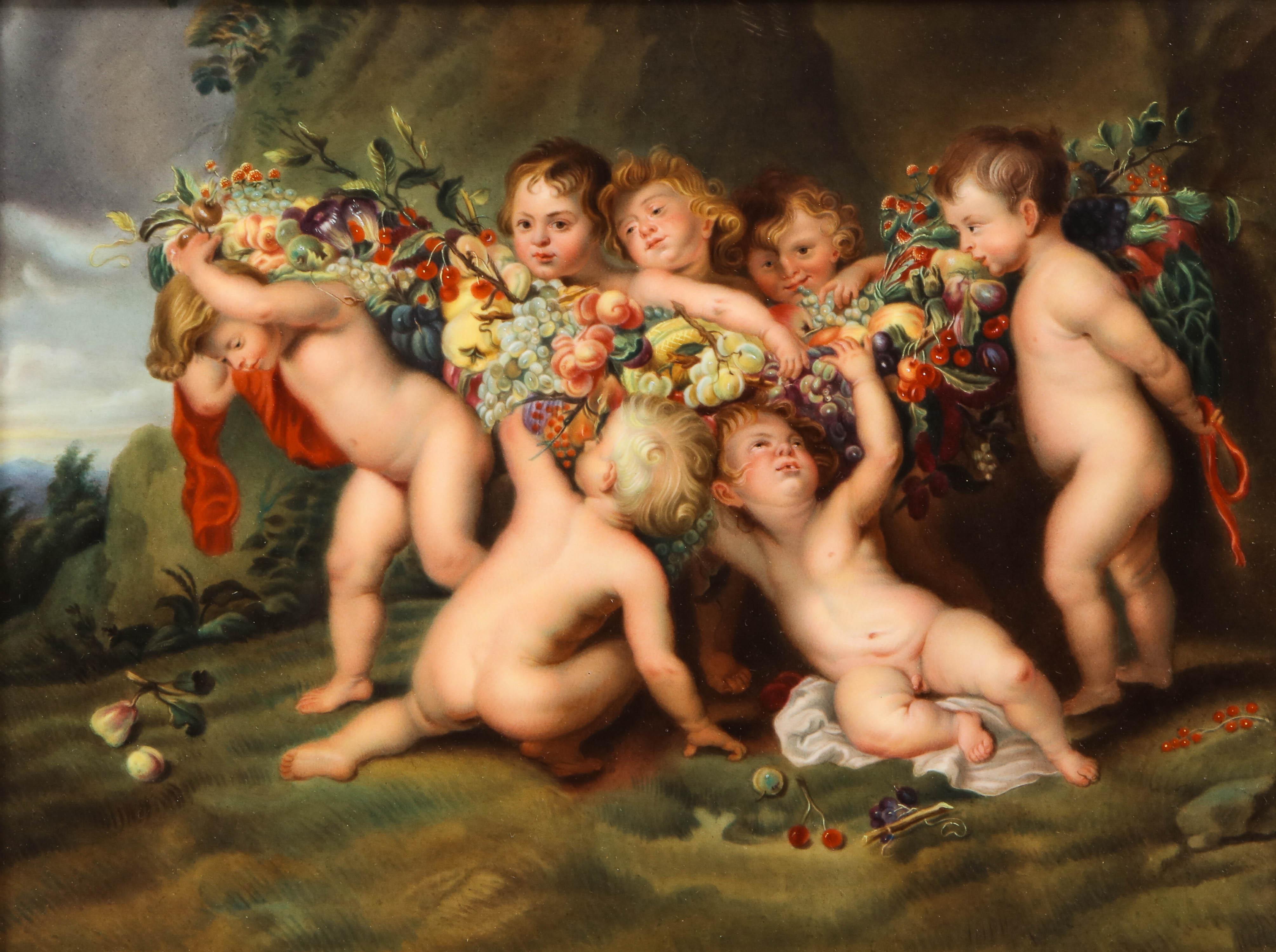 A fabulous antique hand painted KPM Porcelain plaque, depicting seven cherubs all helping to carry a big Garland of fruit and flowers, after Peter Paul Rubens, Impressed KPM and Scepter marks on back. This marvelous plaque is after the masterpiece