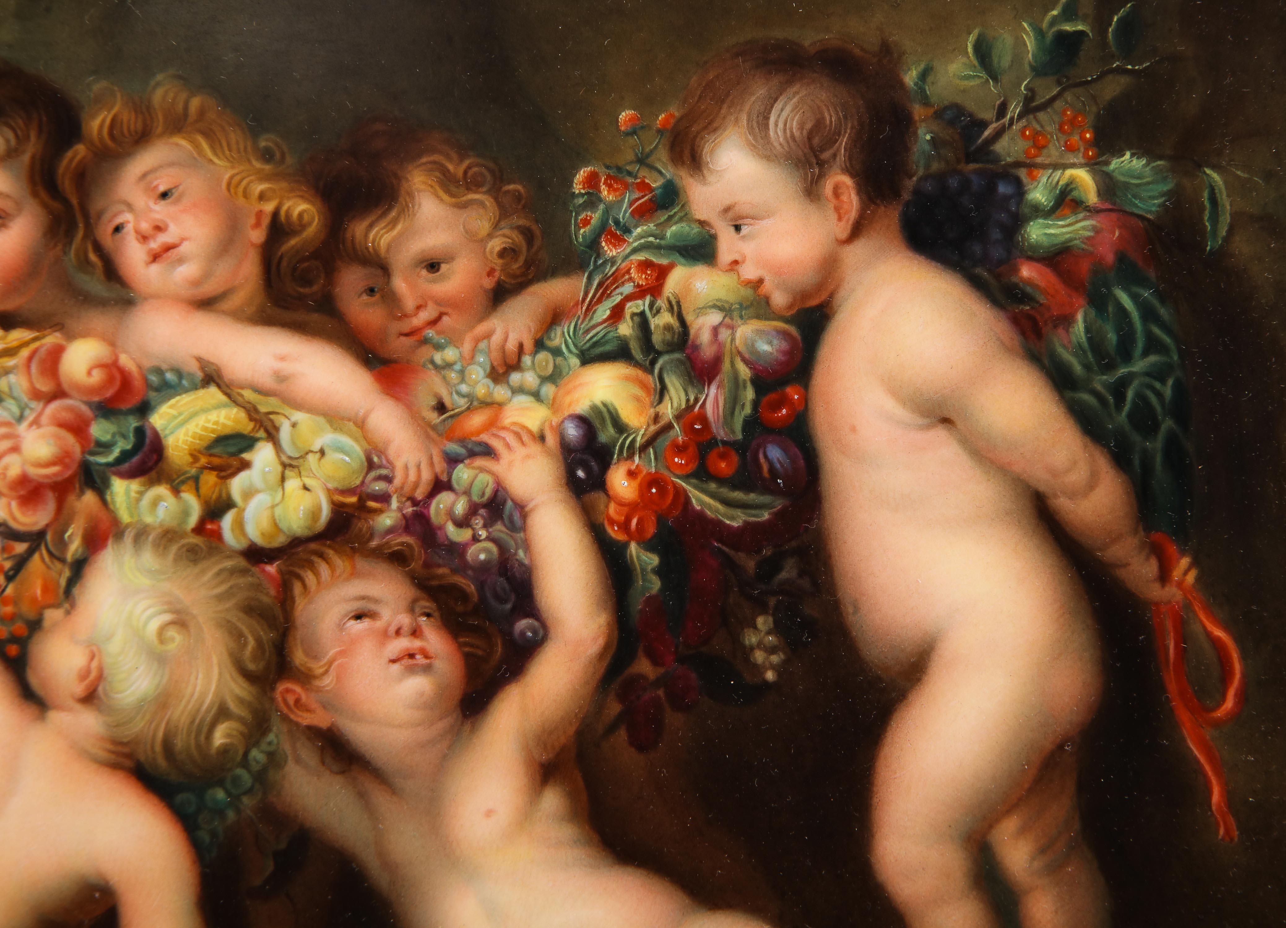 Belle Époque Hand Painted KPM Plaque of Cherubs with Garland of Fruit after Peter Paul Rubens